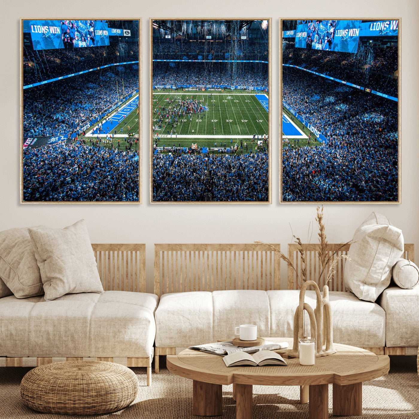 80882005-MGV-CV-36X24 - Detroit Lions Stadium Wall Art Canvas Print, Football Field Panorama Artwork, NFL Game Night Stadium Decor