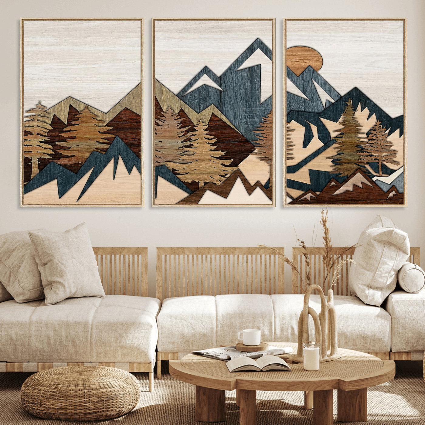 61833055-MGV-CV-36X24 - Mountain Forest Wall Art Canvas Print, Layered Wood Landscape Artwork, Rustic Nature Wall Decor for Living Room