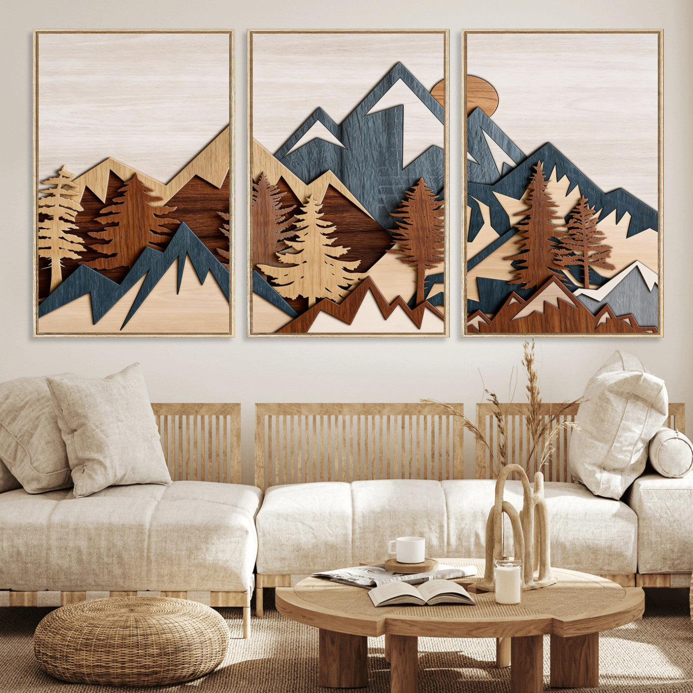 39888898-MGV-CV-36X24 - Layered Wooden Mountain Wall Art Canvas Print, Modern Rustic Forest and Pine Landscape Wall Decor