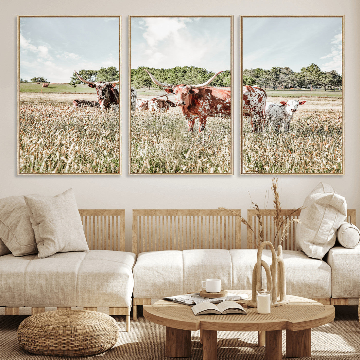 21823552-MGV-CV-36X24 - Texas Longhorn Cattle Wall Art Canvas Print, Rustic Ranch Landscape Artwork, Western Farm Field Scene, Country Prairie Animal Canvas Wall Art