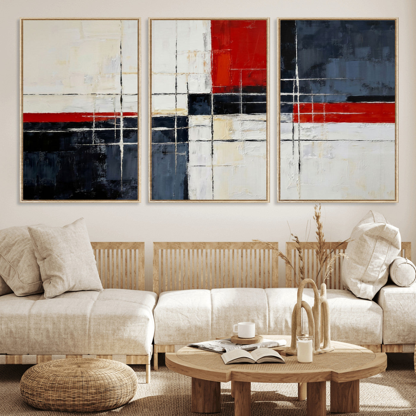 44088165-MGV-CV-36X24 - Navy Red Abstract Wall Art Canvas Print, Modern Luxury Geometric Painting Wall Decor for Living Room and Office