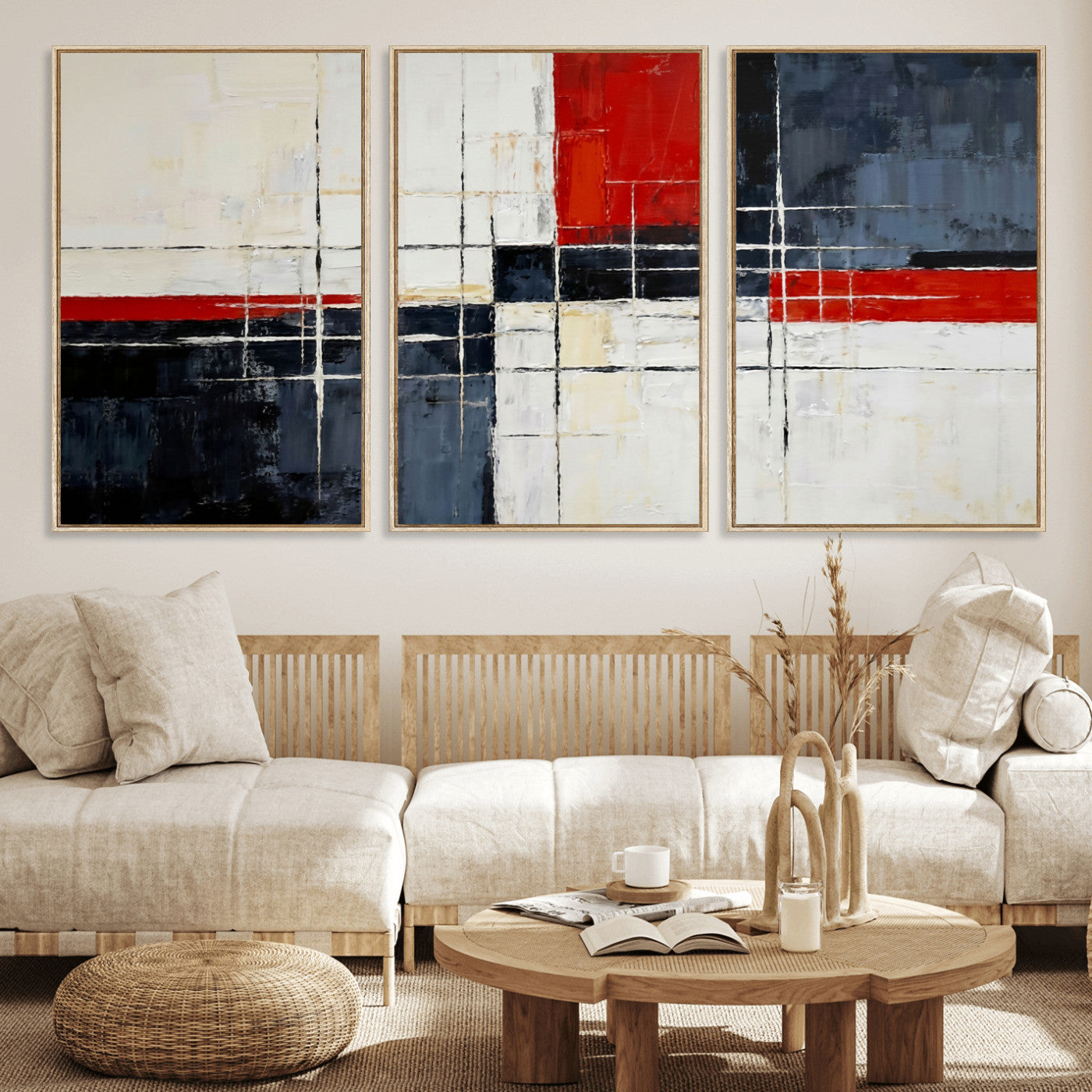 11921181-MGV-CV-36X24 - Navy Red Abstract Wall Art Canvas Print, Modern Luxury Geometric Painting Wall Decor for Living Room and Office