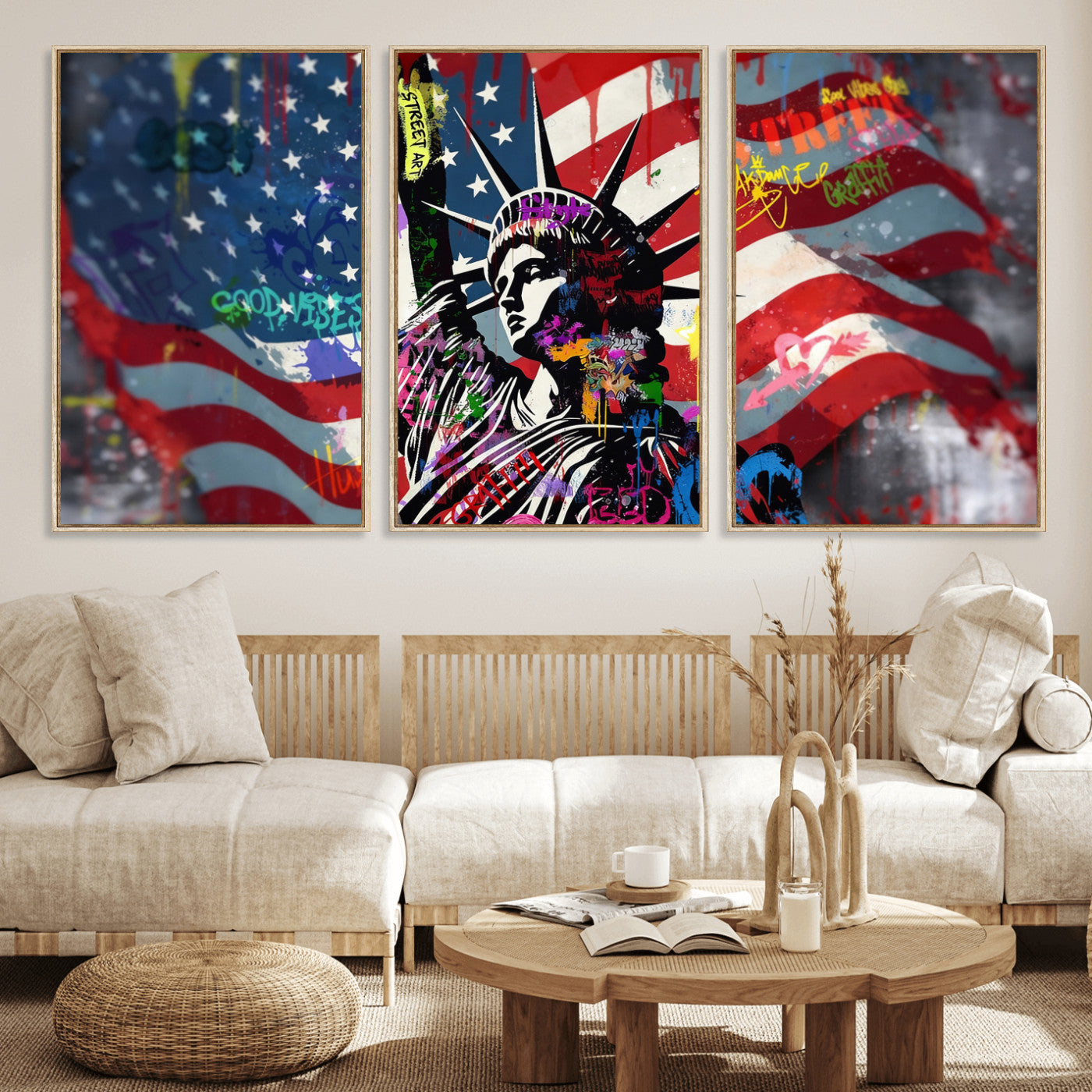 32151941-MGV-CV-36X24 - USA Statue of Liberty Graffiti Street Art Wall Art Canvas Print, American Flag Urban Pop Art Canvas Print, Modern Patriotic Street Art Contemporary Art Printing