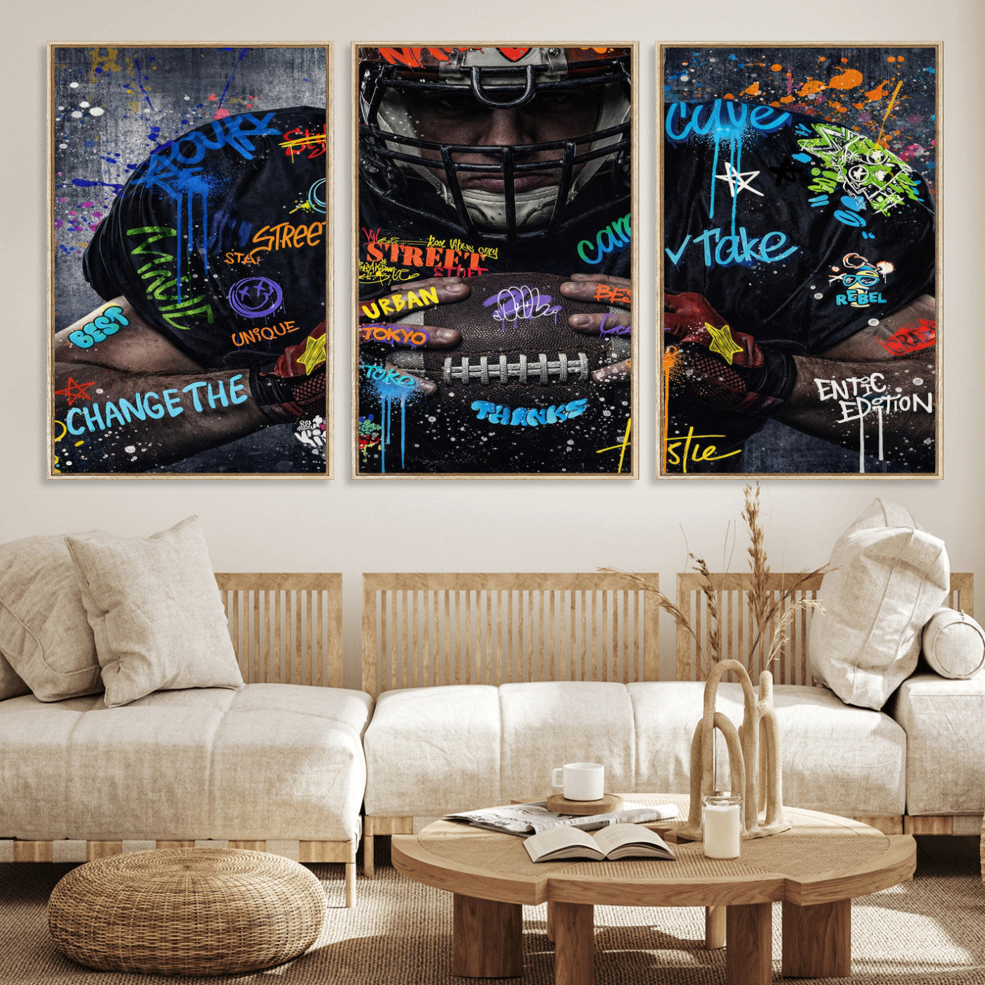 55267256-MGV-CV-36X24 - Graffiti American Football Player Street Art Wall Art Canvas Print, Urban Sports Pop Art Football Canvas Print, Modern Athletic Graffiti Contemporary Art Printing