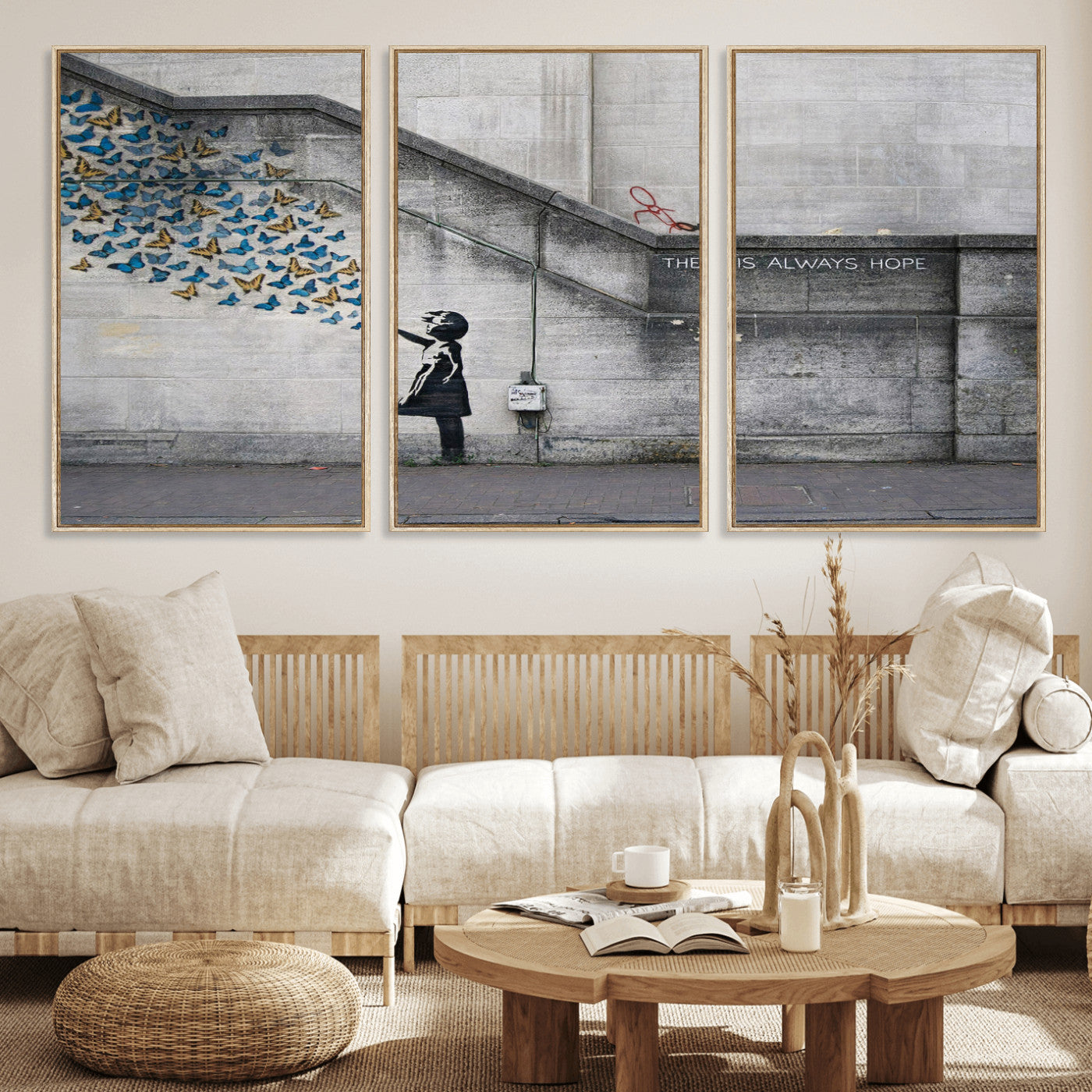 15274223-MGV-CV-36X24 - Banksy Girl with Butterflies Street Art Wall Art Canvas Print, Hope Graffiti Urban Art Canvas Print, Minimalist Inspirational Street Art Contemporary Art Printing