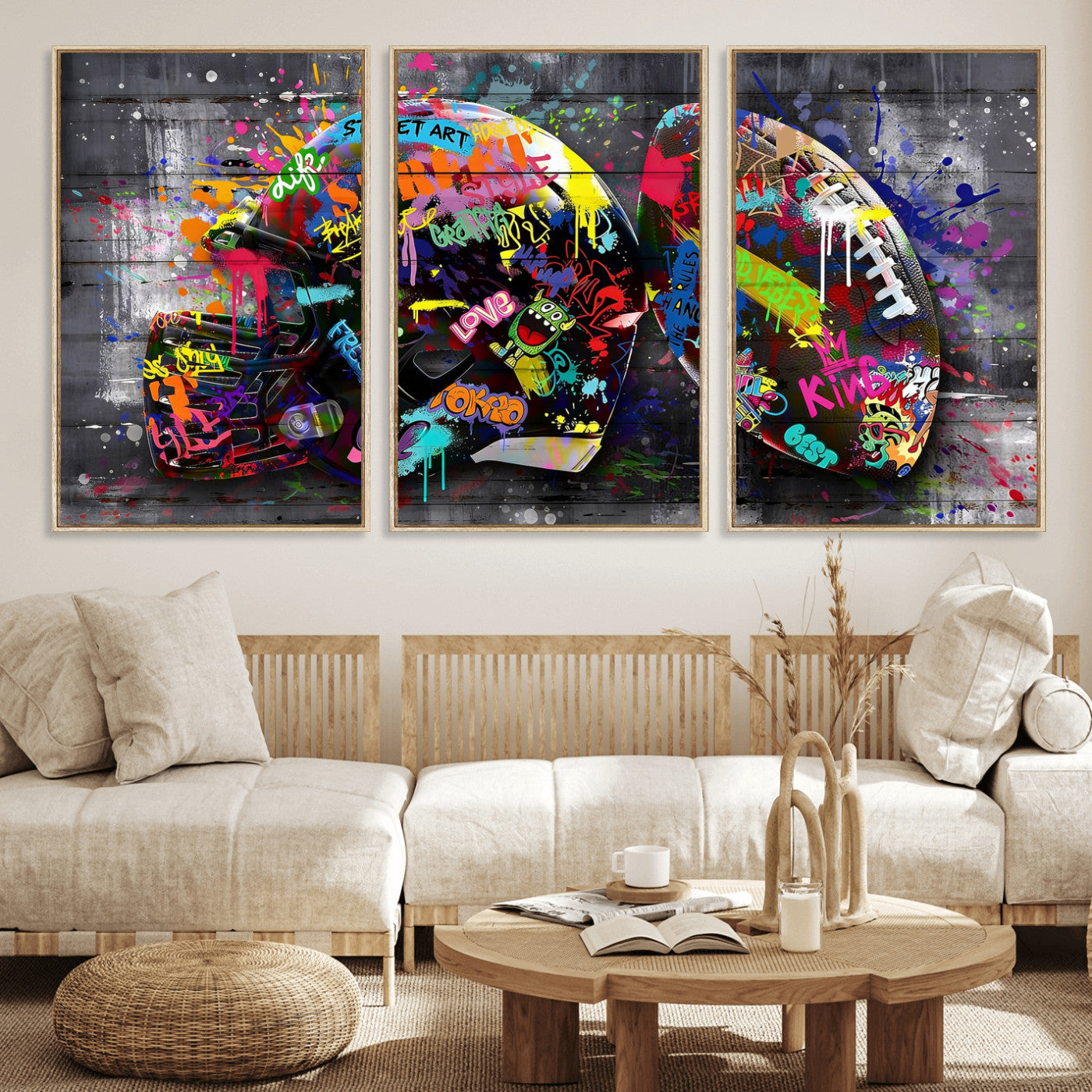 80540773-MGV-CV-36X24 - Graffiti American Football Helmet Street Art Wall Art Canvas Print, Urban Sports Pop Art Football Canvas Print, Colorful Graffiti Sports Contemporary Art Printing