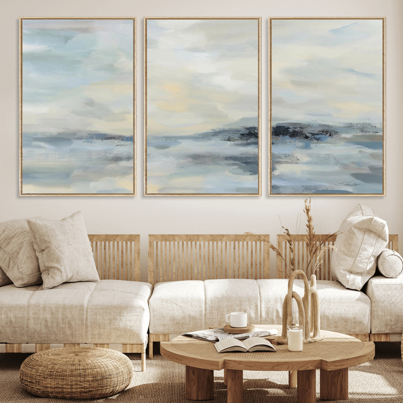 24647355-MGV-CV-36X24 - Abstract Coastal Landscape Wall Art Canvas Print – Soft Blue Gray Minimalist Painting