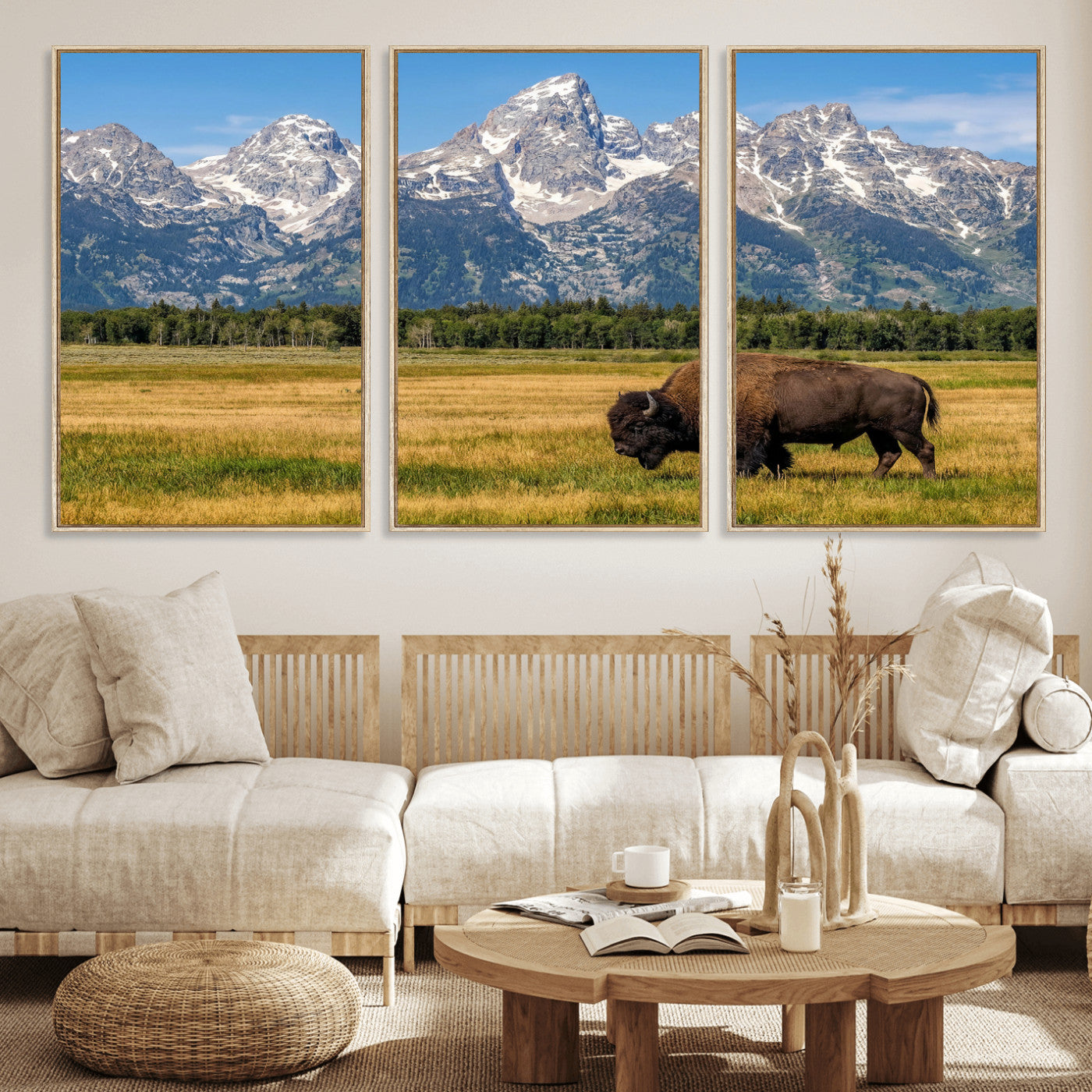 20424529-MGV-CV-36X24 - Bison in Mountain Landscape Wall Art Canvas Print – Western Wildlife Artwork for Rustic Living Room Decor