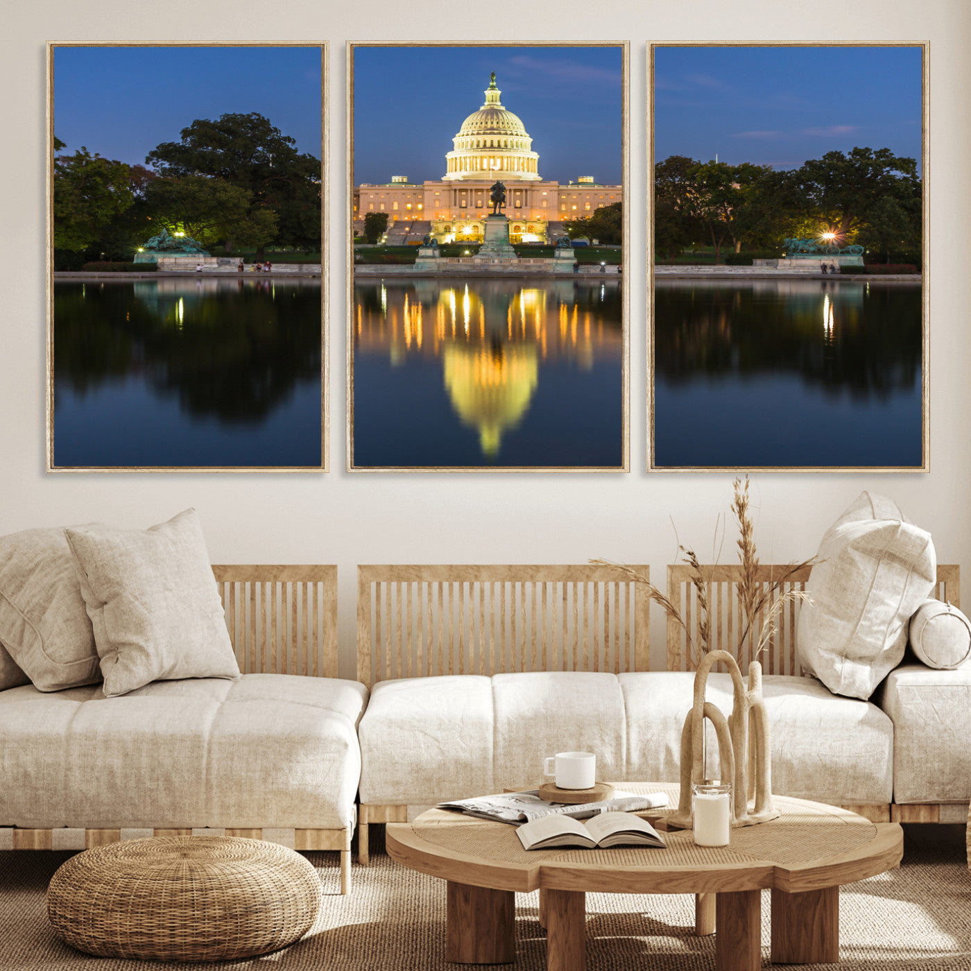 95568590-MGV-CV-36X24 - US Capitol Building Wall Art Canvas Print – Washington DC Landmark Night Reflection Artwork for Office Decor