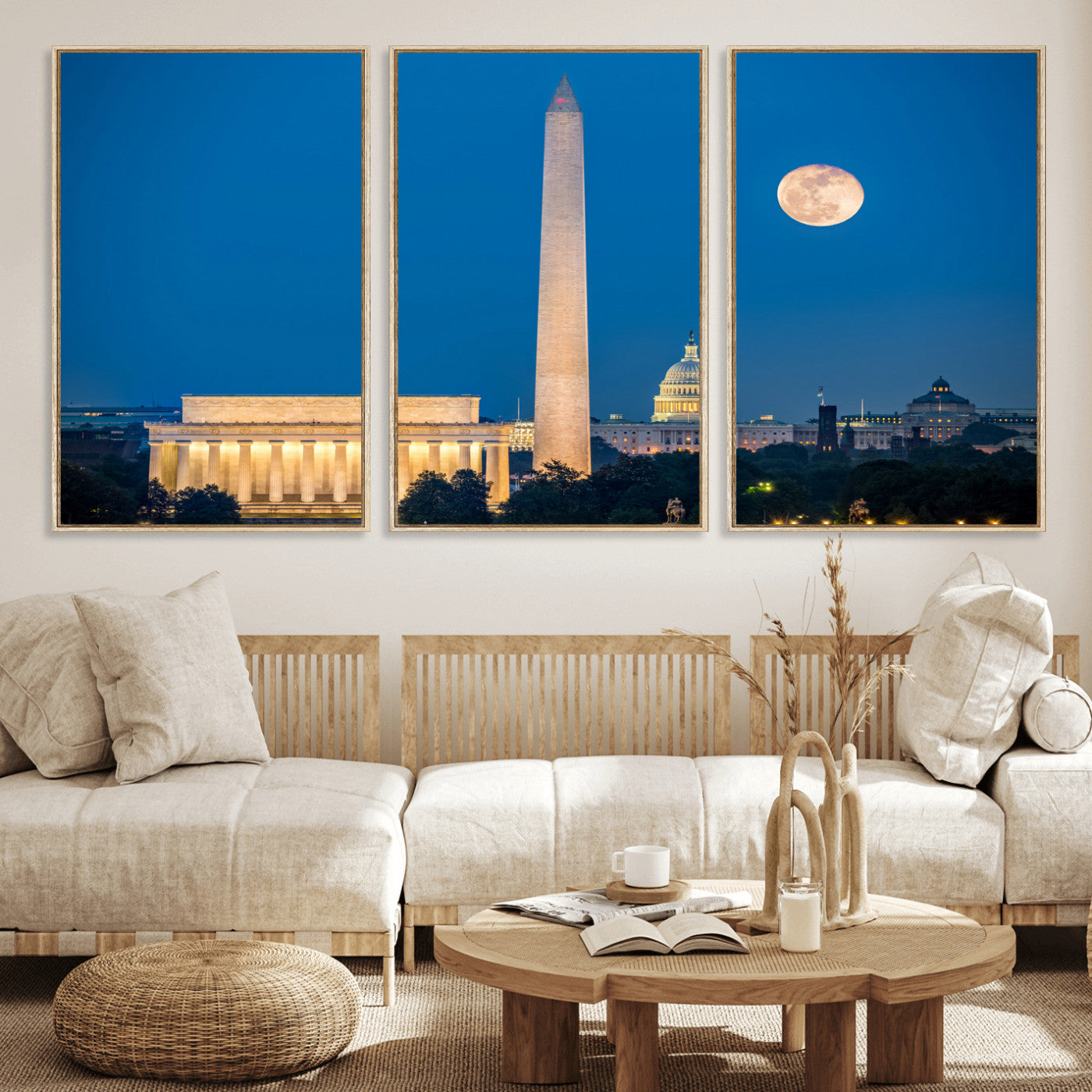 96712946-MGV-CV-36X24 - Washington DC Skyline Wall Art Canvas Print – Lincoln Memorial, Washington Monument and US Capitol Night Cityscape Artwork