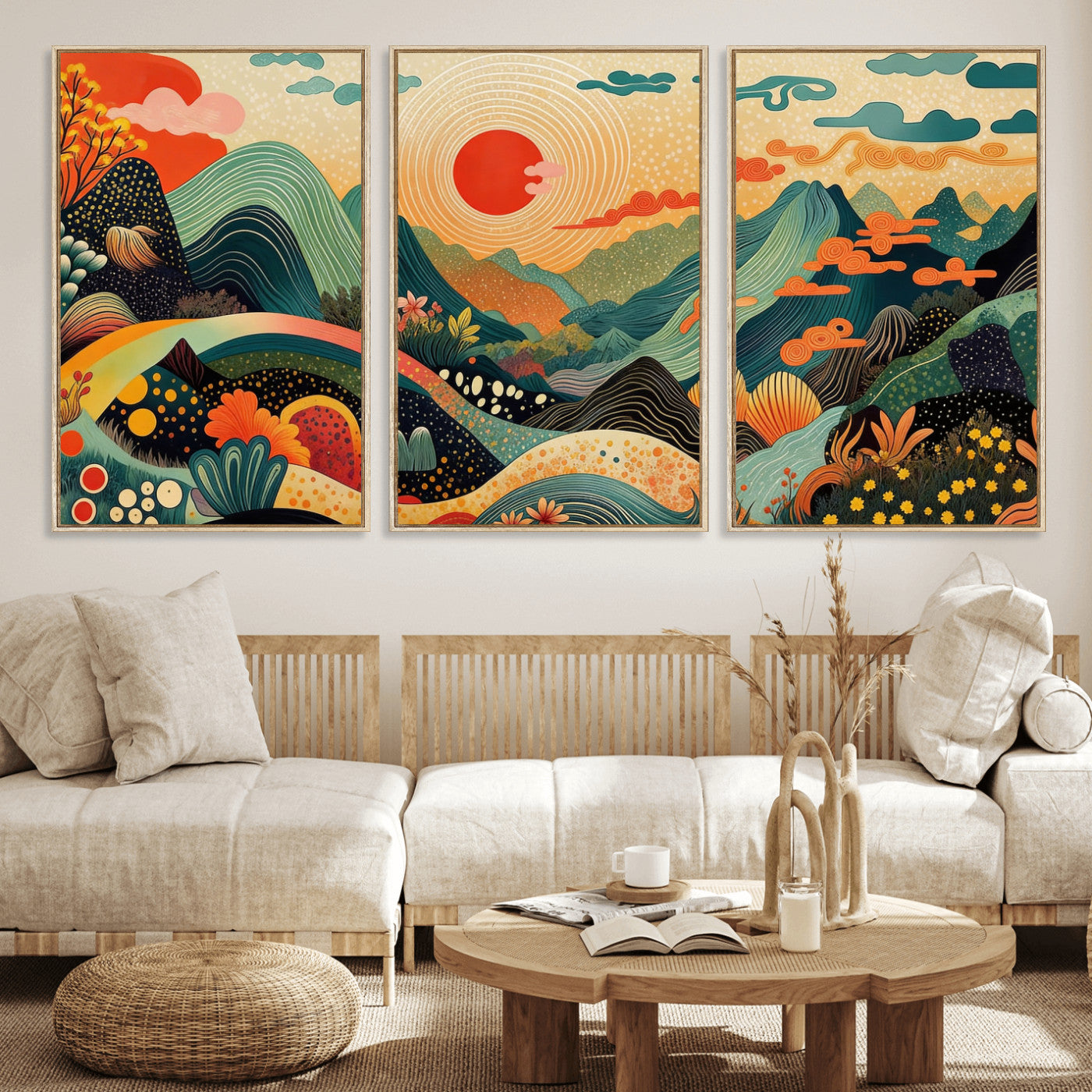 29927191-MGV-CV-36X24 - Yayoi Kusama Boho Mountain Landscape Large Wall Art, Horizontal Gold Framed Canvas Print with Sun and Flowers