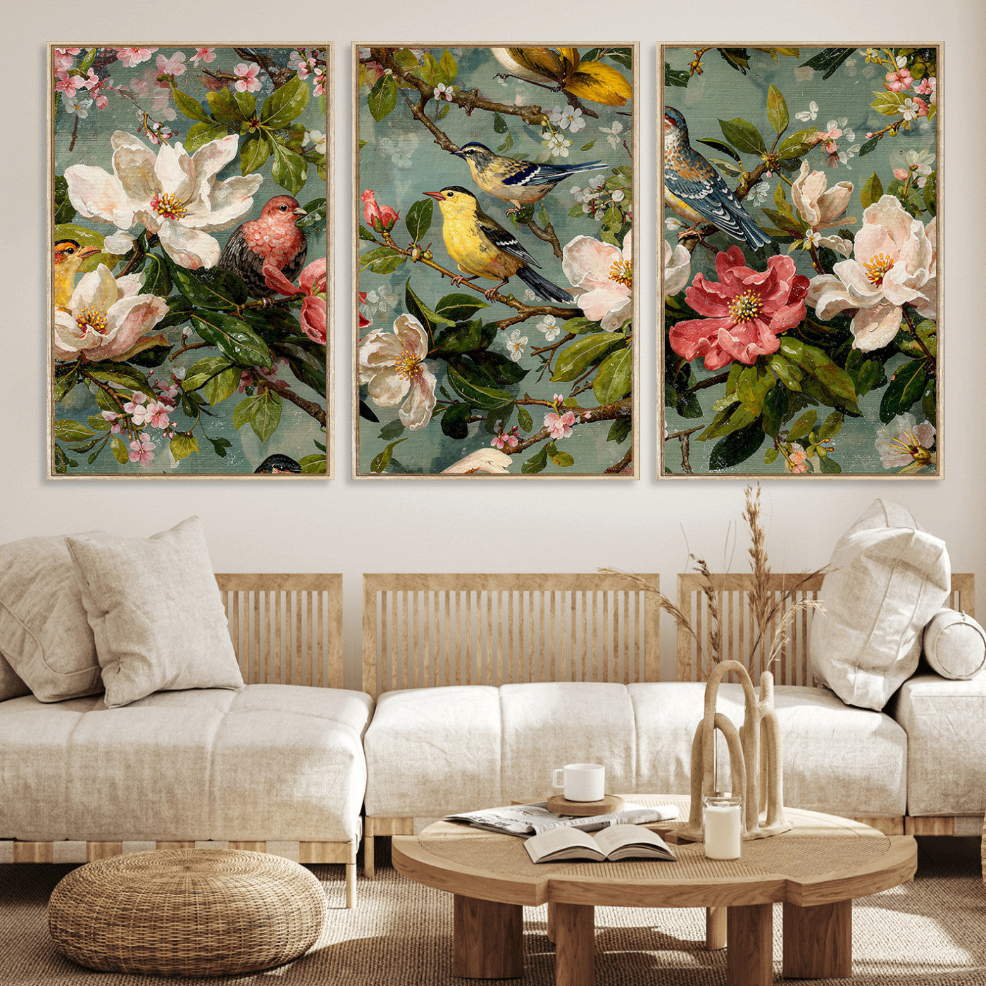 77883606-MGV-CV-36X24 - Vintage Birds and Flowers Wide Wall Art: Extra Large Panoramic Botanical Print