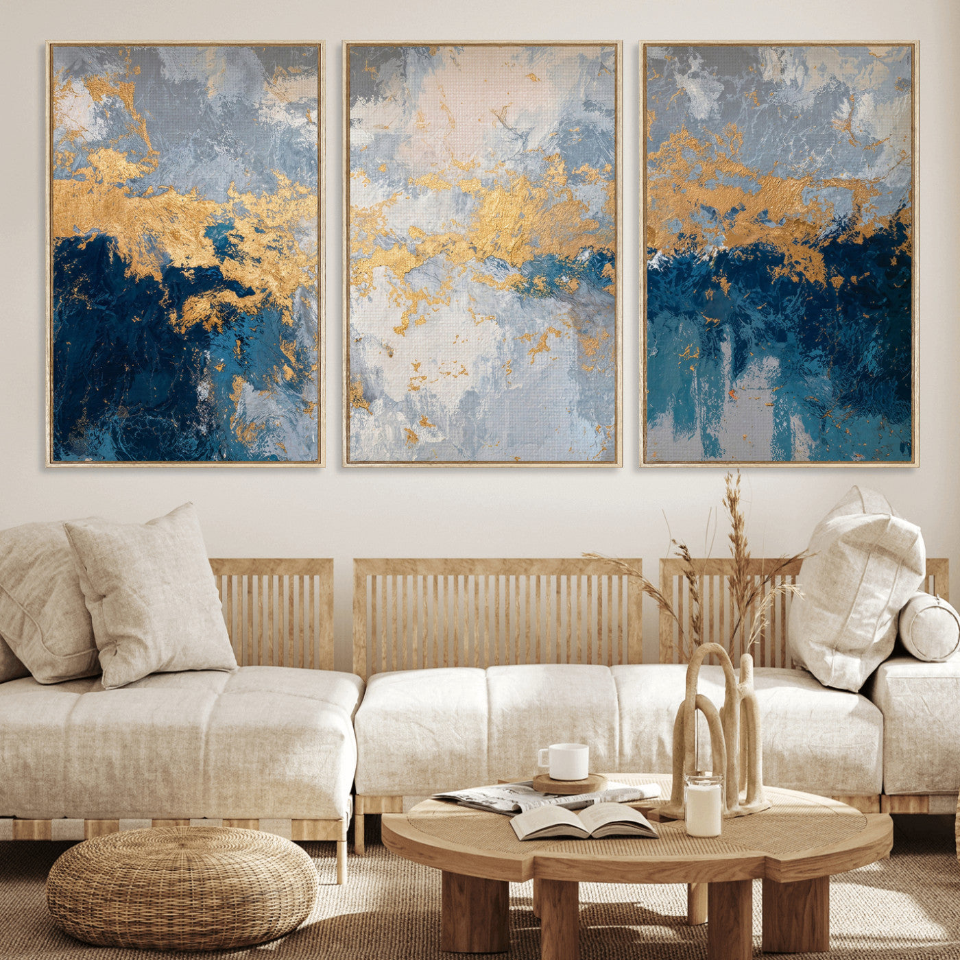 65386119-MGV-CV-36X24 - Blue Gold Abstract Large Framed Canvas Wall Art, Modern Luxury Painting Print in Horizontal Oversized Minimal Wall Decor Artwork