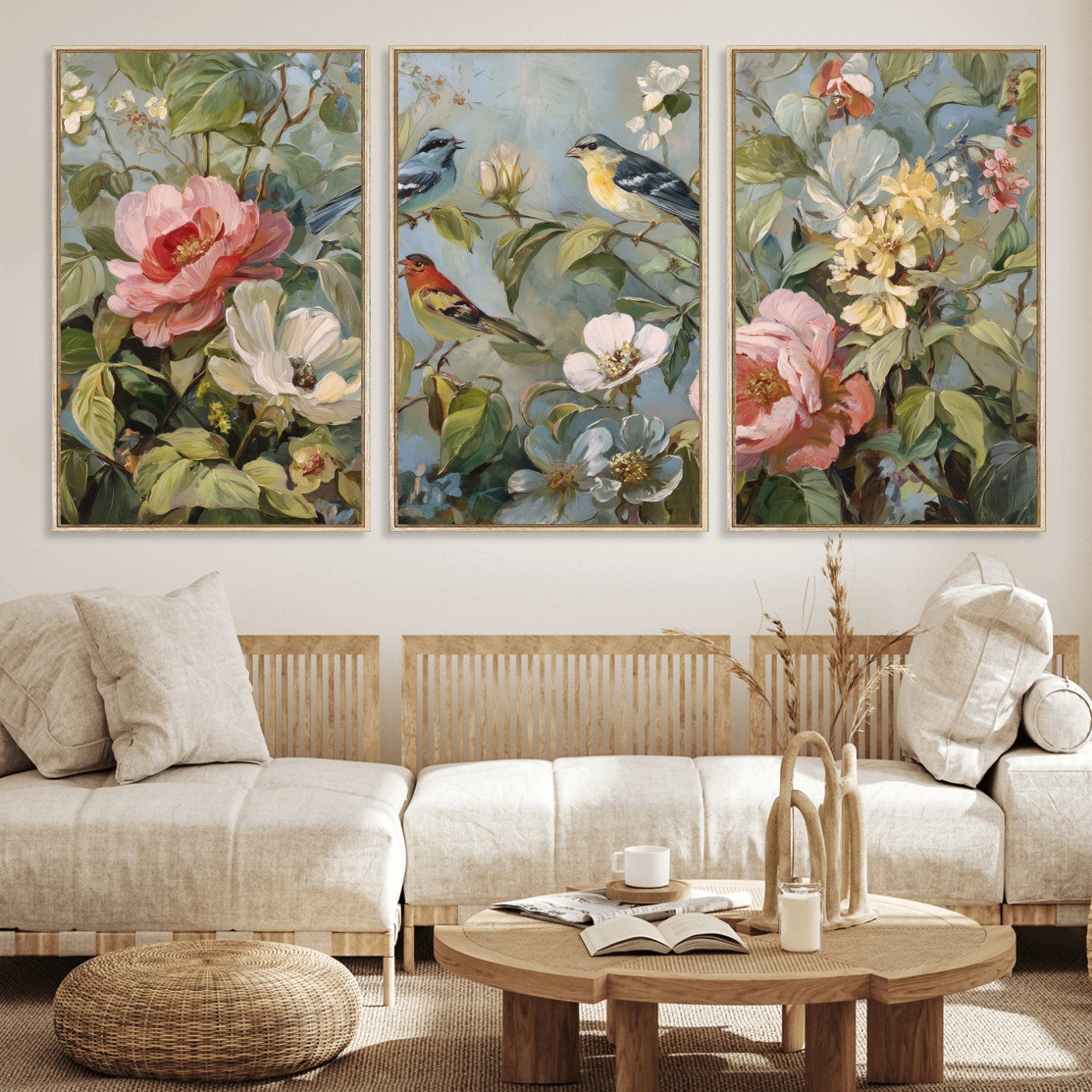 55440837-MGV-CV-36X24 - Vintage Birds and Flowers Wall Art Canvas Print, Botanical Bird Painting Canvas Print, Floral Garden Bird Artwork Canvas Print, Classic Bird Flower Painting Canvas Print