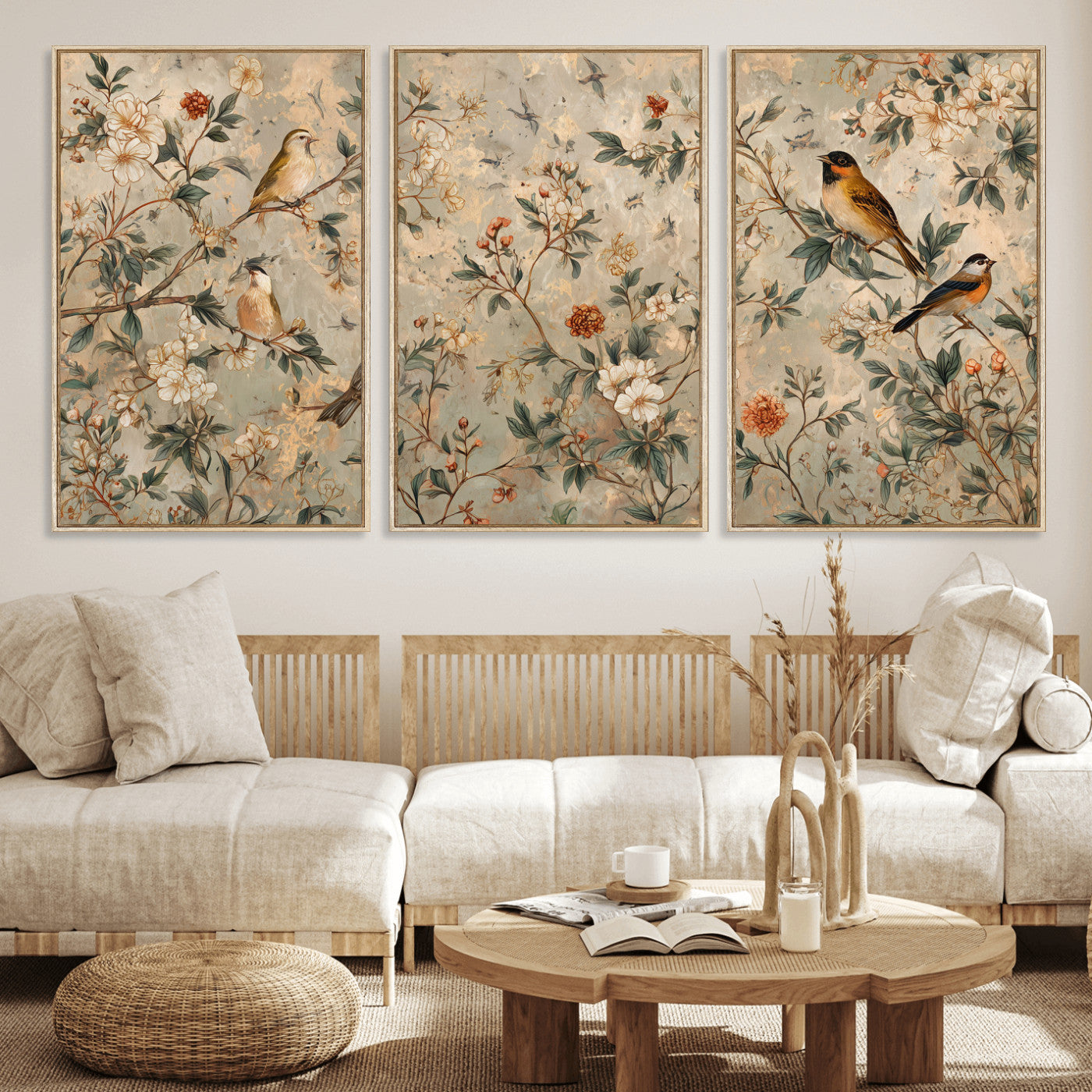 76588438-MGV-CV-36X24 - Vintage Birds and Flowers Wall Art Canvas Print, Botanical Bird Painting Canvas Print, Floral Garden Bird Artwork Canvas Print, Classic Bird Flower Painting Canvas Print