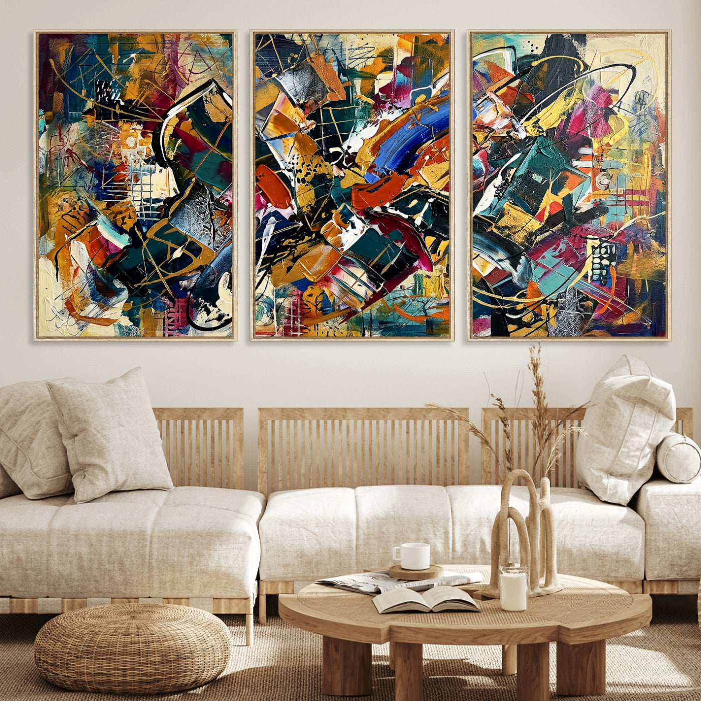 15525527-MGV-CV-36X24 - Geometric Abstract Wall Art Canvas Print, Orange Blue Abstract Expressionist Painting Print, Modern Geometric Abstract Canvas Art
