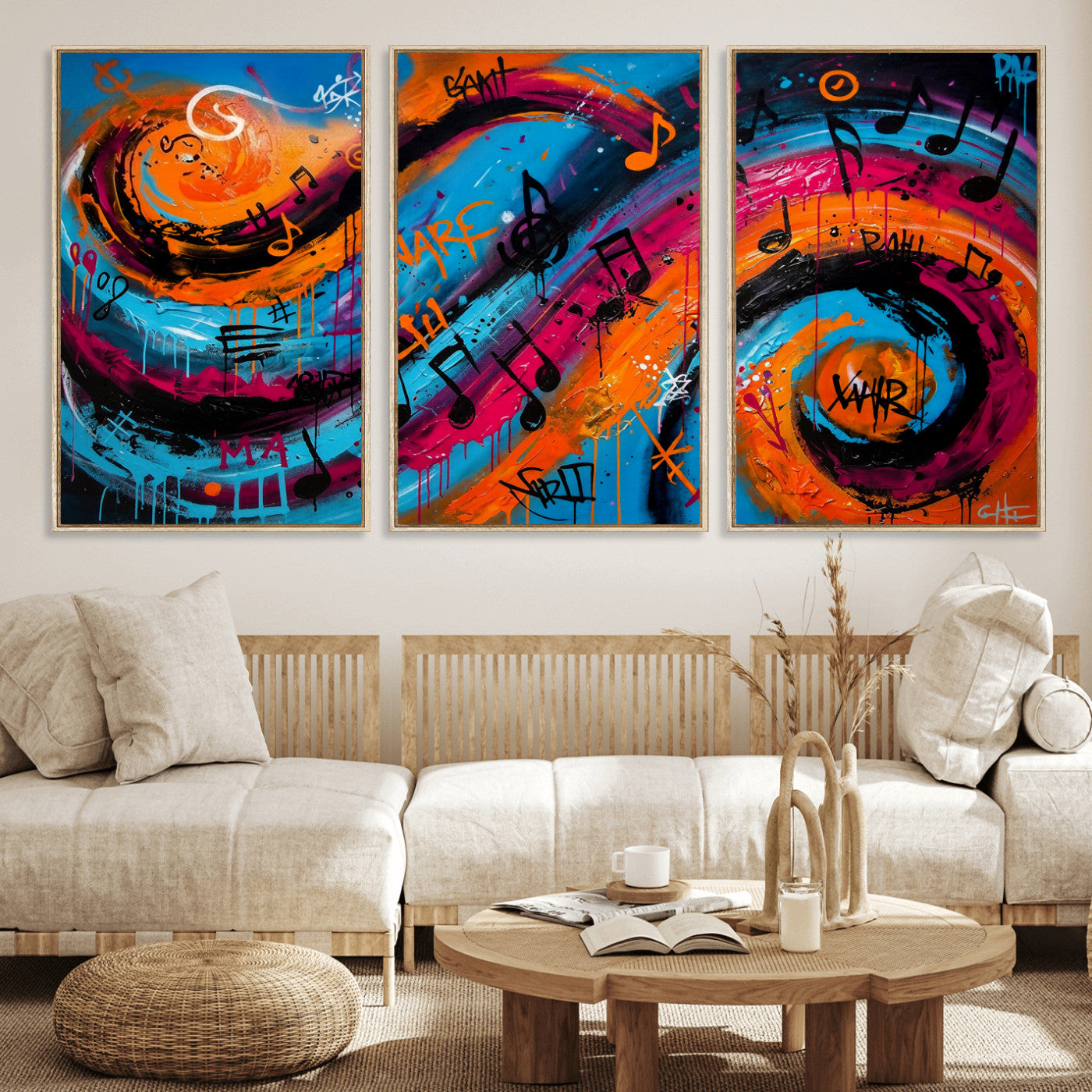 34936518-MGV-CV-36X24 - Geometric Abstract Wall Art Canvas Print, Orange Blue Abstract Expressionist Painting Print, Modern Geometric Abstract Canvas Art