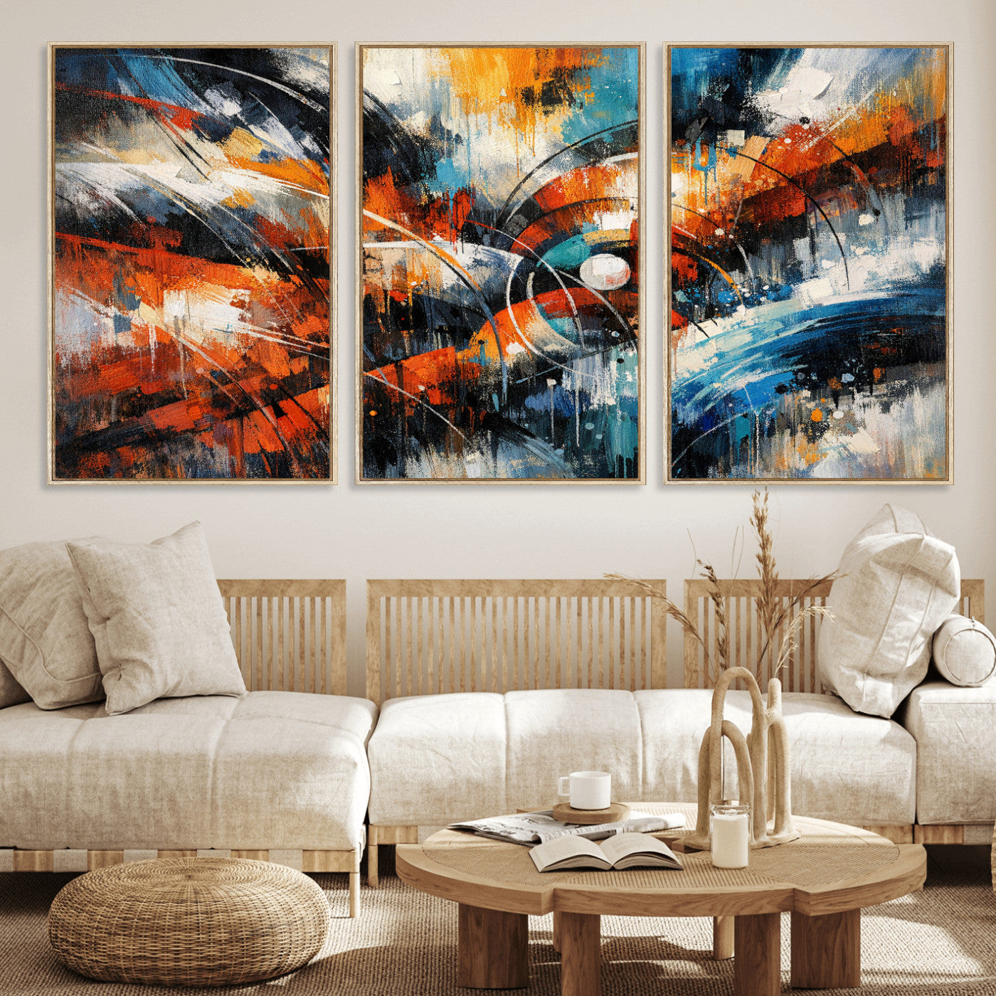 47120691-MGV-CV-36X24 - Geometric Abstract Wall Art Canvas Print, Orange Blue Abstract Expressionist Painting Print, Modern Geometric Abstract Canvas Art
