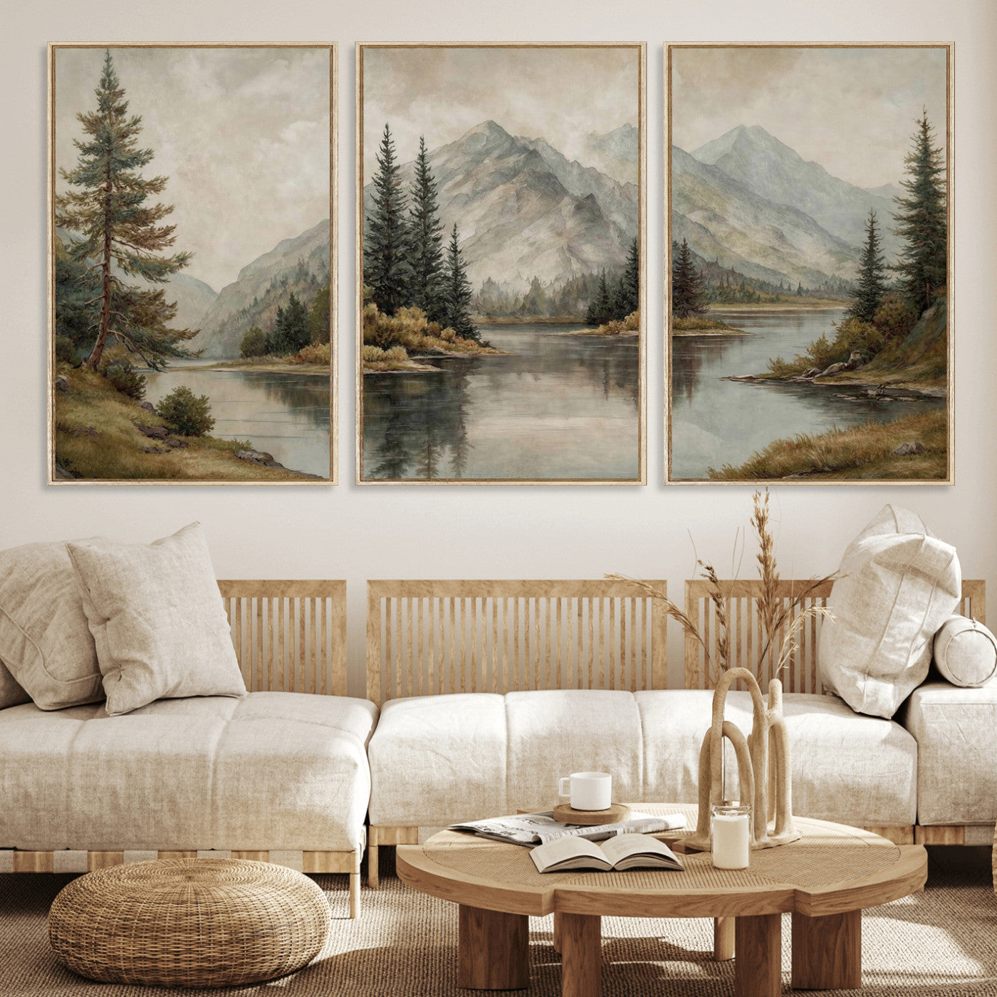 4712069V1-MGV-CV-60X30-3P - Vintage Mountain Landscape Wall Art Canvas Print Set, Rustic Nature Triptych Canvas, Neutral Lake Forest Mountain Wall Decor
