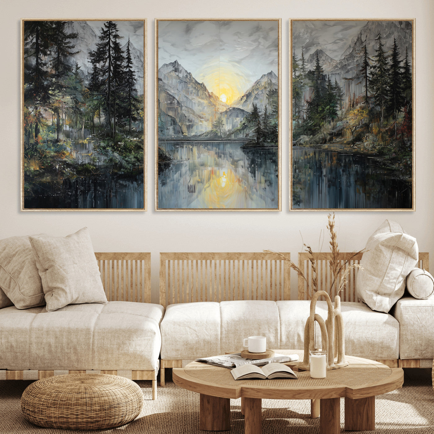 72377107-MGV-CV-60X30-3P - Drip Style Forest Lake Gold Art — Abstract Expressionist Mountain Print | Grey Pine Tree Canvas | Moody Nature Wall Decor | Large Panoramic Art