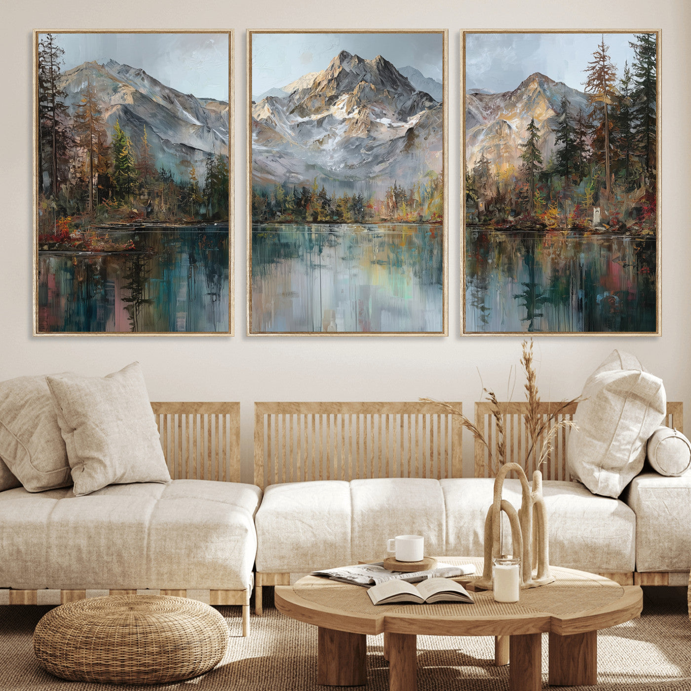 15527546-MGV-CV-60X30-3P - Drip Style Forest Lake Gold Art — Abstract Expressionist Mountain Print | Grey Pine Tree Canvas | Moody Nature Wall Decor | Large Panoramic Art