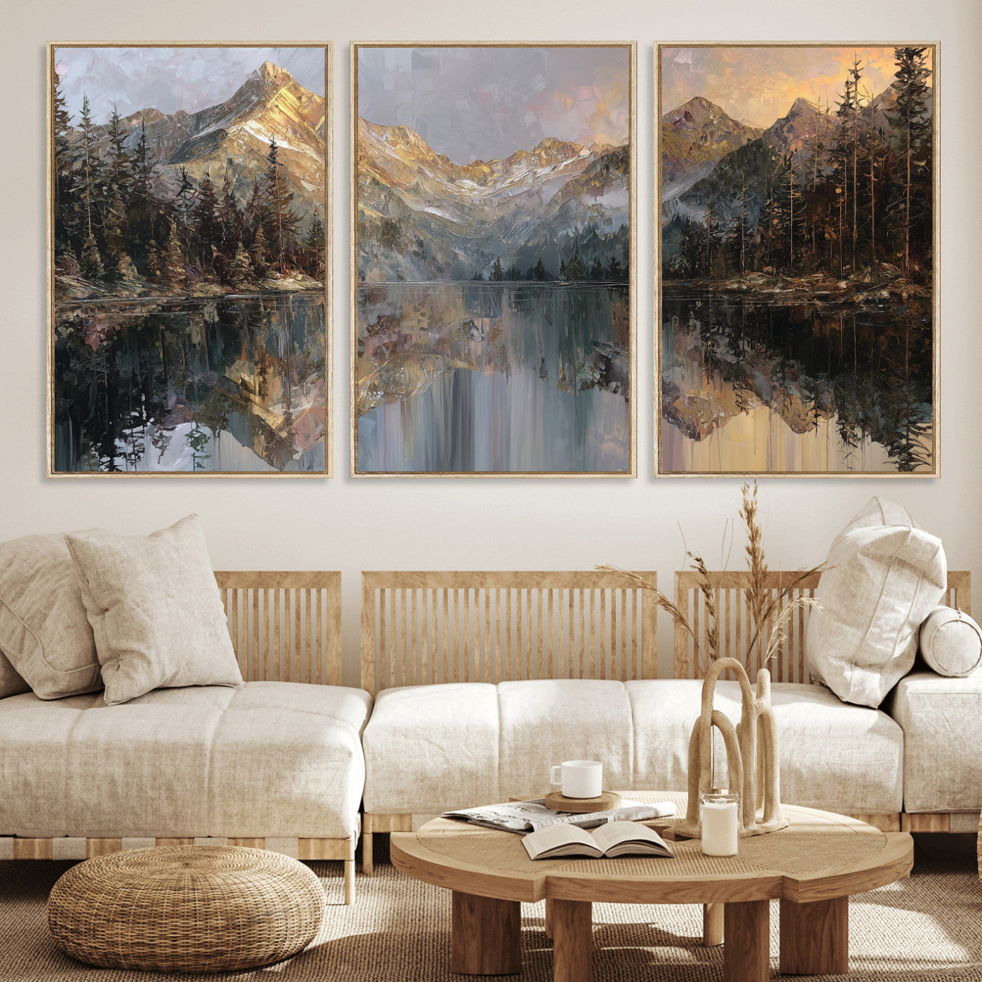 37675699-MGV-CV-60X30-3P - Drip Style Forest Lake Gold Art — Abstract Expressionist Mountain Print | Grey Pine Tree Canvas | Moody Nature Wall Decor | Large Panoramic Art