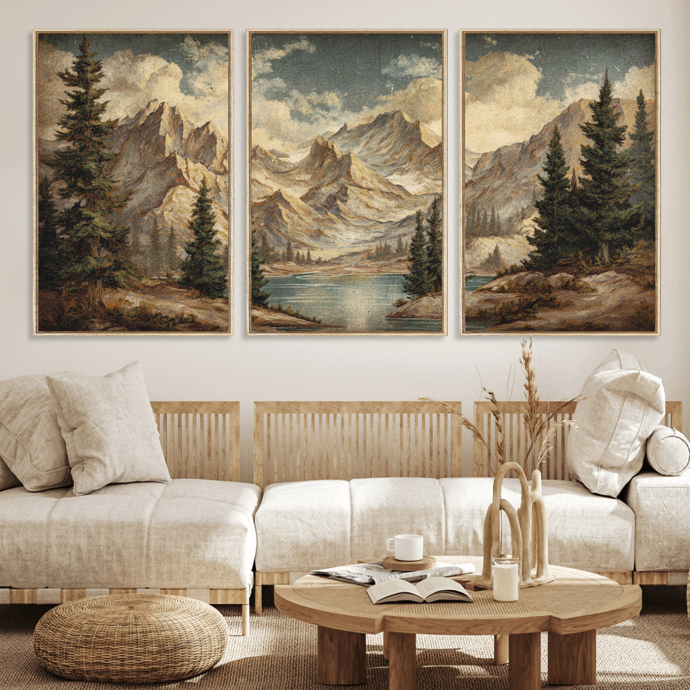 62093020-MGV-CV-60X30-3P - Drip Style Forest Lake Gold Art — Abstract Expressionist Mountain Print | Grey Pine Tree Canvas | Moody Nature Wall Decor | Large Panoramic Art