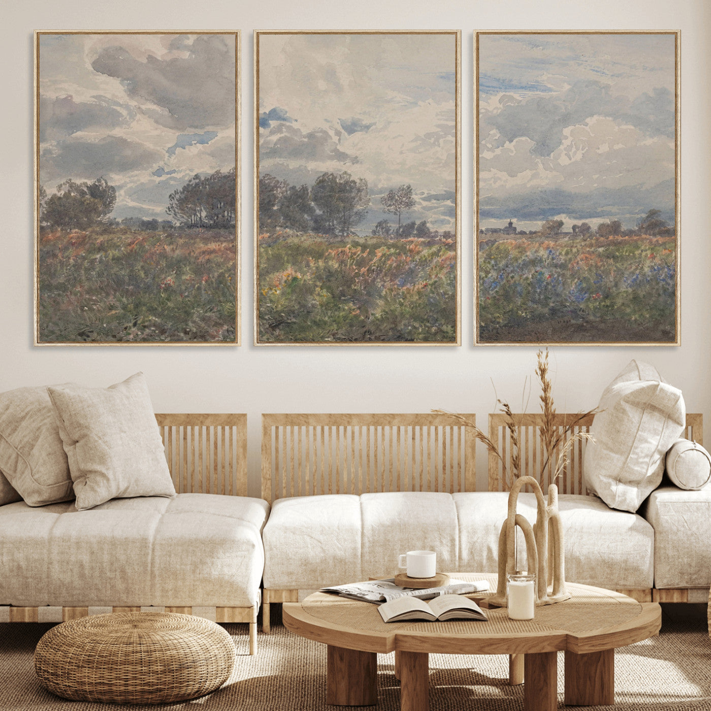 76626885-MGV-CV-36X24 - Vintage Watercolor Meadow Canvas Wall Art — English Pastoral Wildflower Storm Sky Print | Cottagecore Nature Decor | Classic Landscape Gift