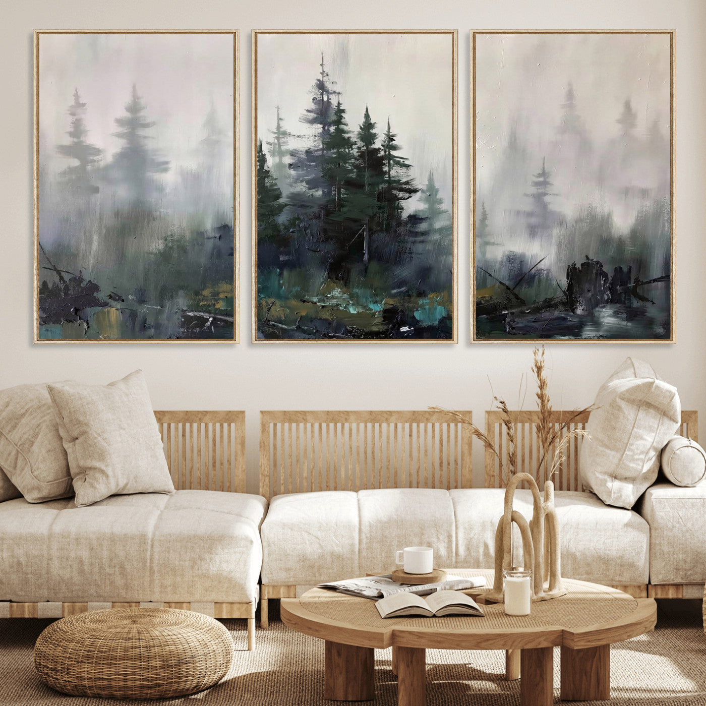 94143325-MGV-CV-36X24 - Misty Pine Forest Oil Painting Canvas — Dark Moody Teal Grey Tree Print | Japandi Scandinavian Wall Art | Minimalist Nature Decor Gift