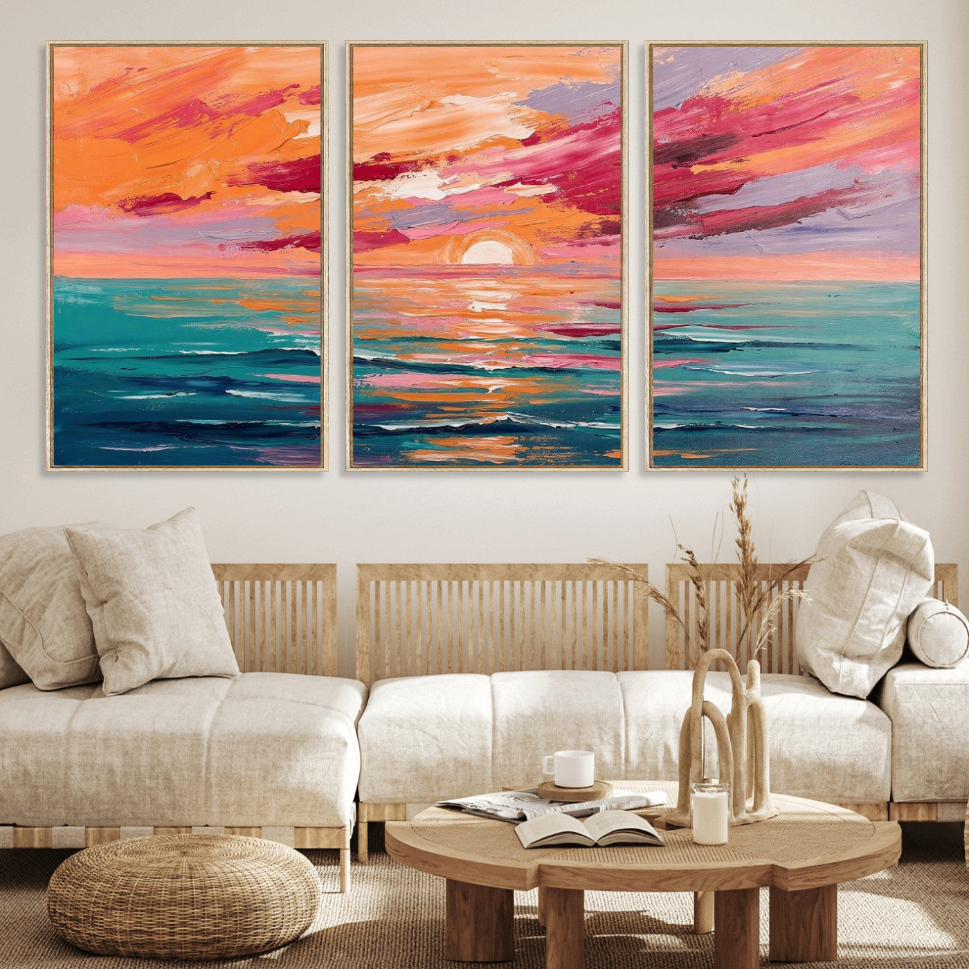 26763902-MGV-CV-36X24 - Bold Palette Knife Ocean Sunset Canvas — Orange Pink Teal Expressionist Sea Print | Colorful Coastal Wall Art | Vibrant Beach Decor Gift