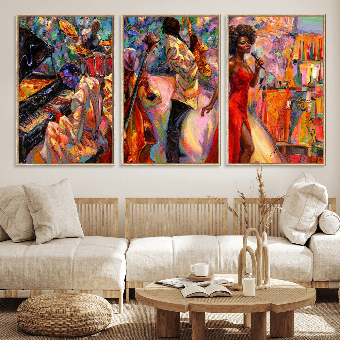 72615137-MGV-CV-36X24 - African American Jazz Singer Canvas Art - Red Dress Black Woman Music Print | Colorful Jazz Band Wall Decor | Living Room Gift for Her