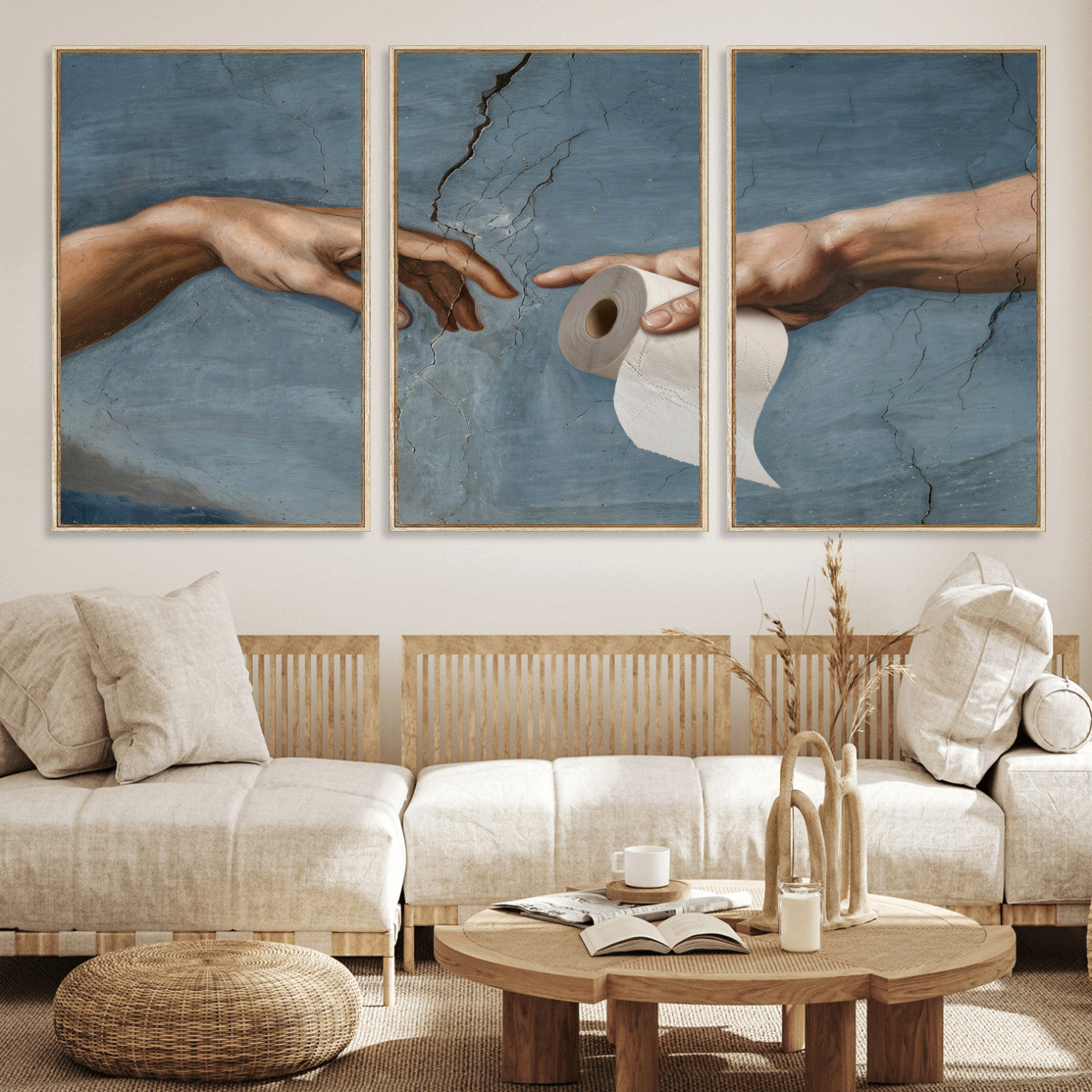 42648143-MGV-CV-36X24 - Funny Bathroom Canvas Wall Art, Michelangelo Creation of Adam Toilet Paper Parody, Renaissance Humor Print, Quirky Housewarming Gift, Toilet Room Decor