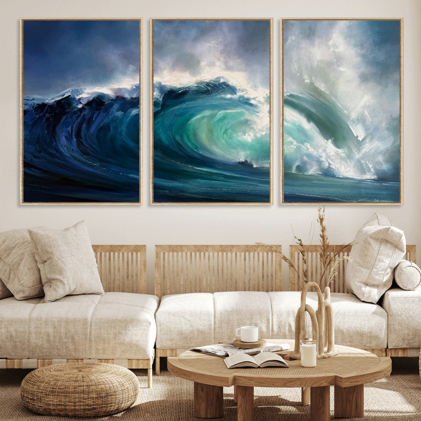 80752160-MGV-CV-60X30-3P - Ocean Wave Canvas Wall Art, Dramatic Teal Blue Seascape Oil Painting Print, Stormy Sea Coastal Decor, Large Beach House Art, Surf Wave Statement Art
