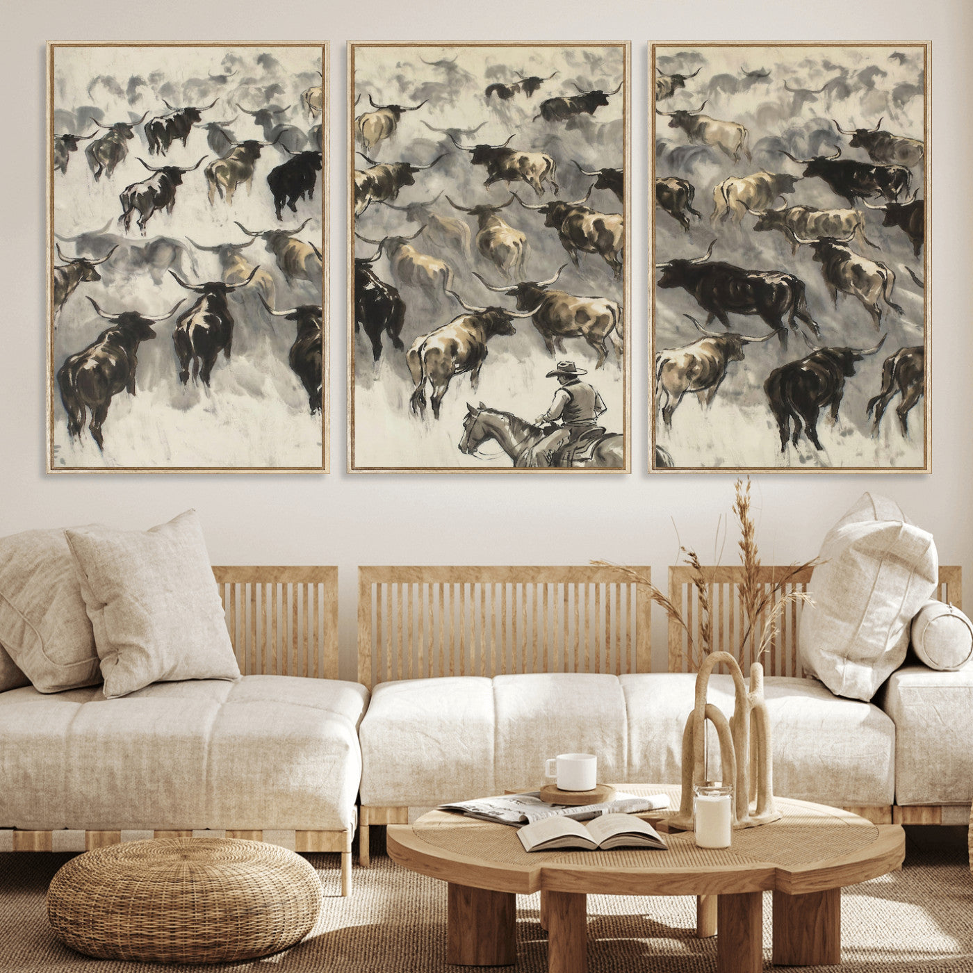 48049876-MGV-CV-36X24 - Cowboy Cattle Drive Canvas Wall Art, Western Longhorn Herd Ink Painting Print, Ranch Rodeo Decor, Black White Western Art, Large Living Room Art