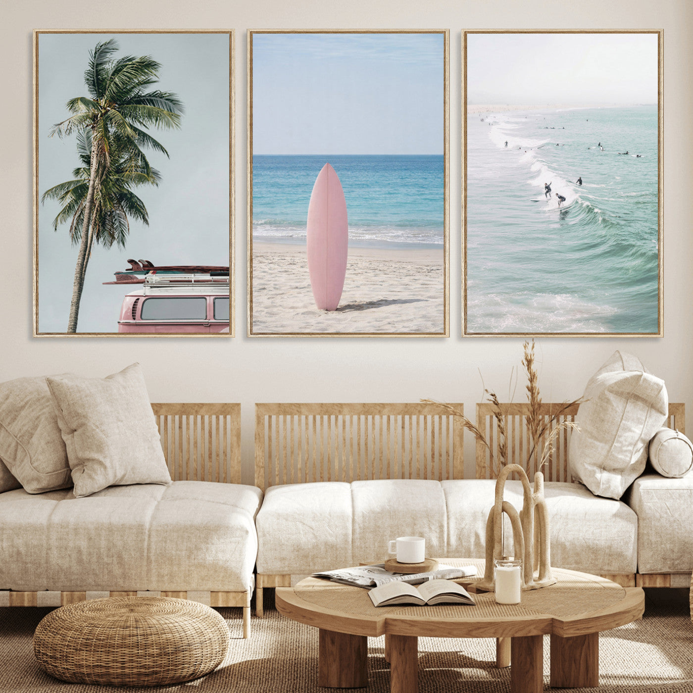 39028765-MGV-CV-60X30-3P - Surf Canvas Wall Art Set, Pink Surfboard VW Van Palm Tree Triptych, Beach House Coastal Decor, Pastel Ocean Photography Print, Boho Surf Decor