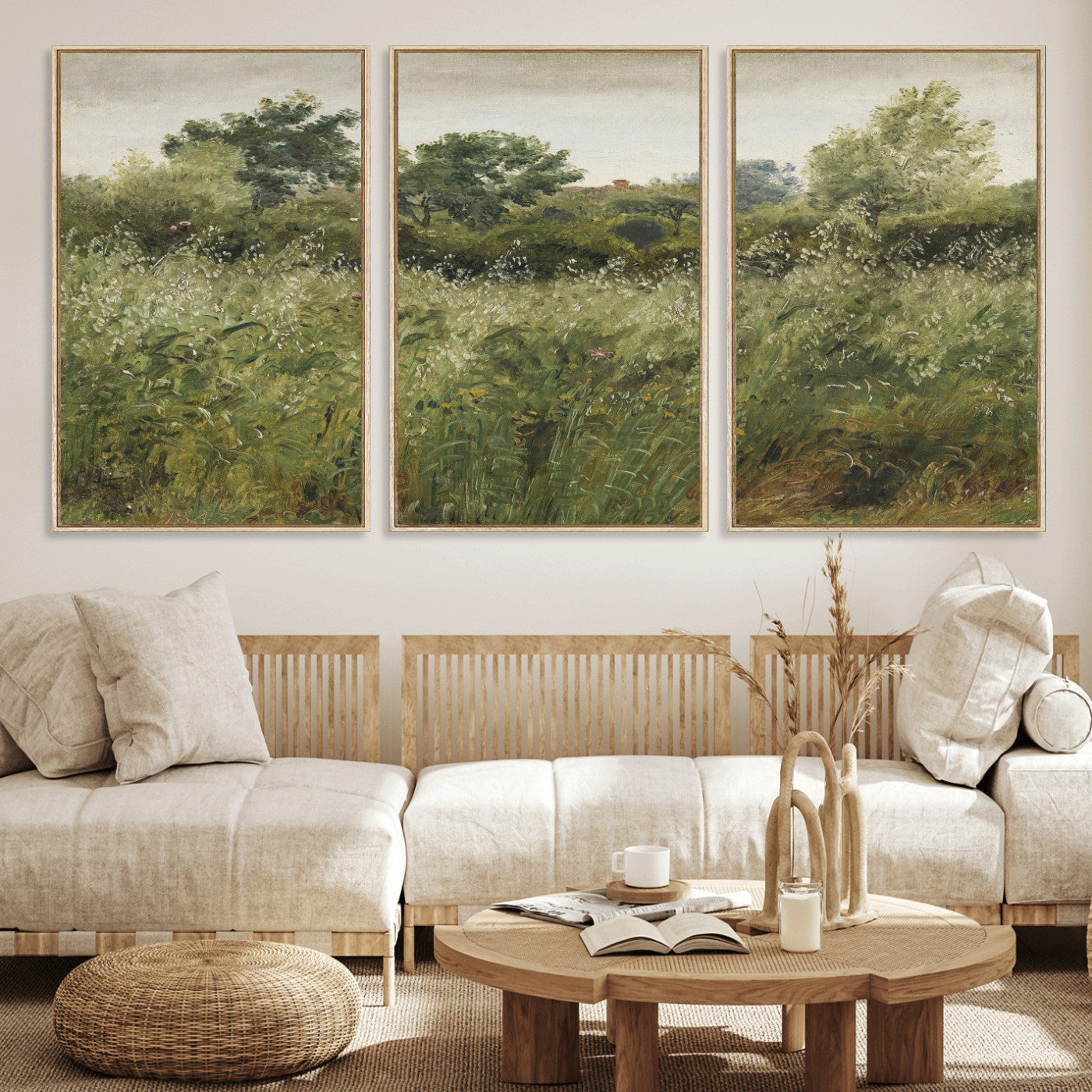 92328261-MGV-CV-36X24 - Wildflower Meadow Canvas Wall Art, Impressionist Overgrown Field Painting Print, Vintage Green Nature Decor, Cottagecore Botanical Art, Living Room Print