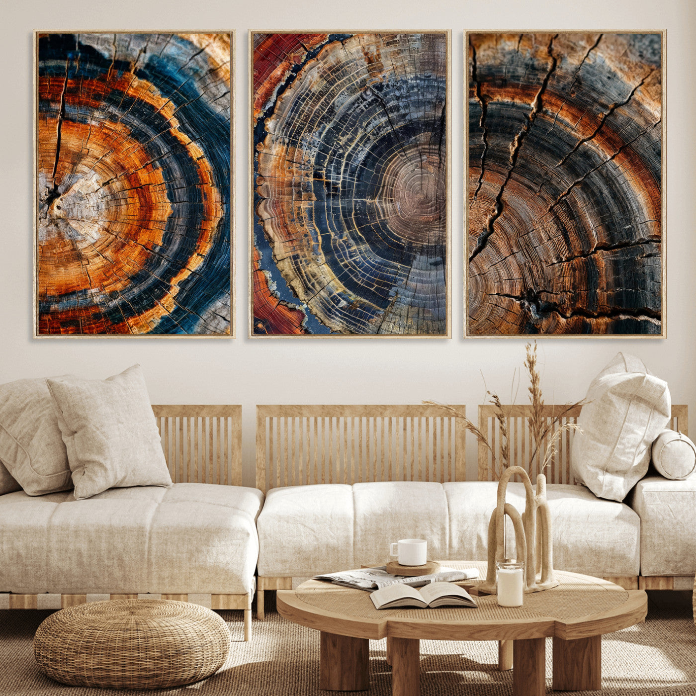 53873594-MGV-CV-60X30-3P - Tree Ring Canvas Wall Art, Wood Cross Section Triptych Print, Rustic Nature Abstract Decor, Earthy Boho Wall Art, Modern Farmhouse Living Room
