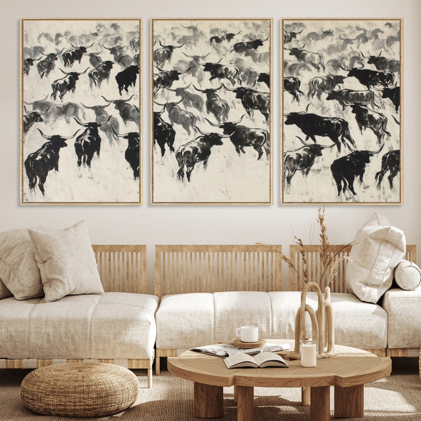 68669792-MGV-CV-36X24 - Longhorn Cattle Canvas Wall Art, Black White Stampede Ink Painting Print, Western Farmhouse Decor, Bull Herd Art, Large Living Room Wall Art, Ranch Home Decor