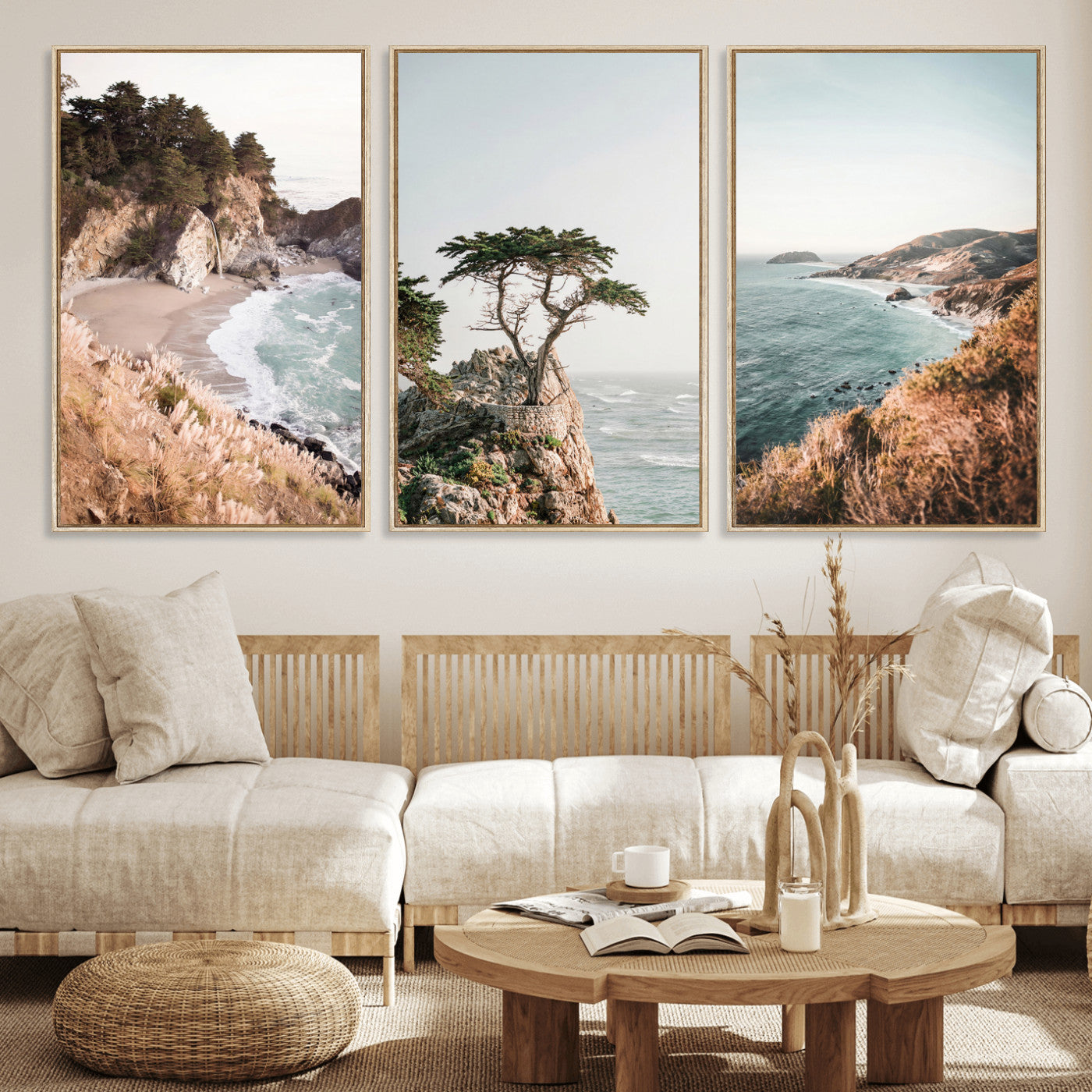 68839391G-MGV-CV-60X30-3P - California Coast Canvas Wall Art Set, Big Sur McWay Falls Lone Cypress Triptych Print, Coastal Photography Decor, Beach House Wall Art
