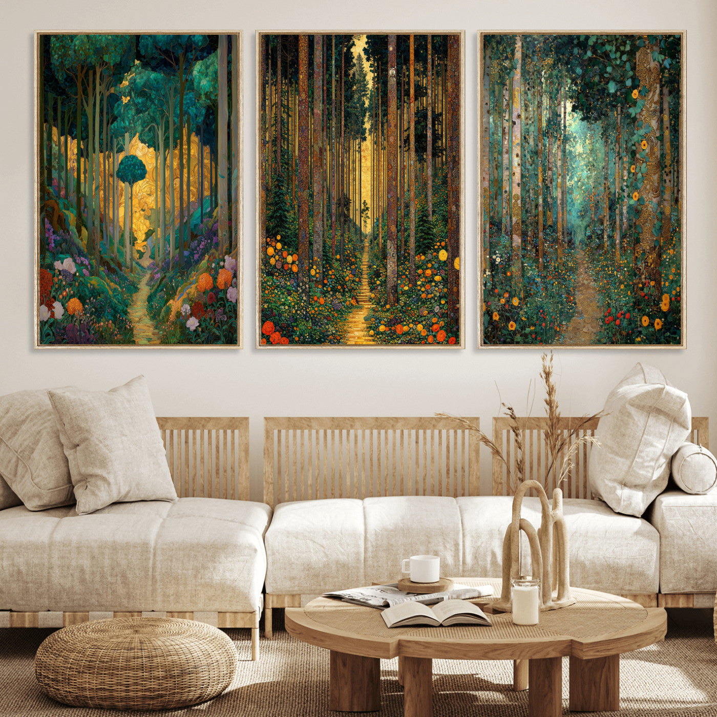 79483321-MGV-CV-60X30-3P - Gustav Klimt Style Forest Canvas Wall Art, Golden Forest Path Floral Art Nouveau Print, Enchanted Woodland Decor, Maximalist Colorful Nature Art