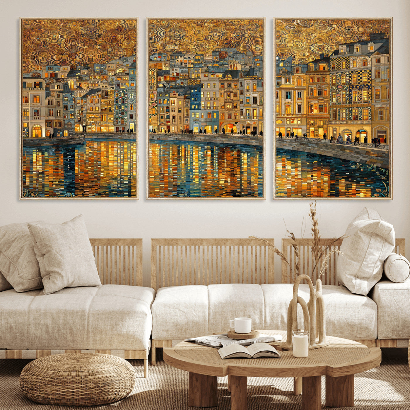 94022787-MGV-CV-36X24 - Gustav Klimt Golden Cityscape Wall Art Canvas Print, Framed River Town Landscape Artwork, Ornate Architecture Wall Decor for Living Room Bedroom Office