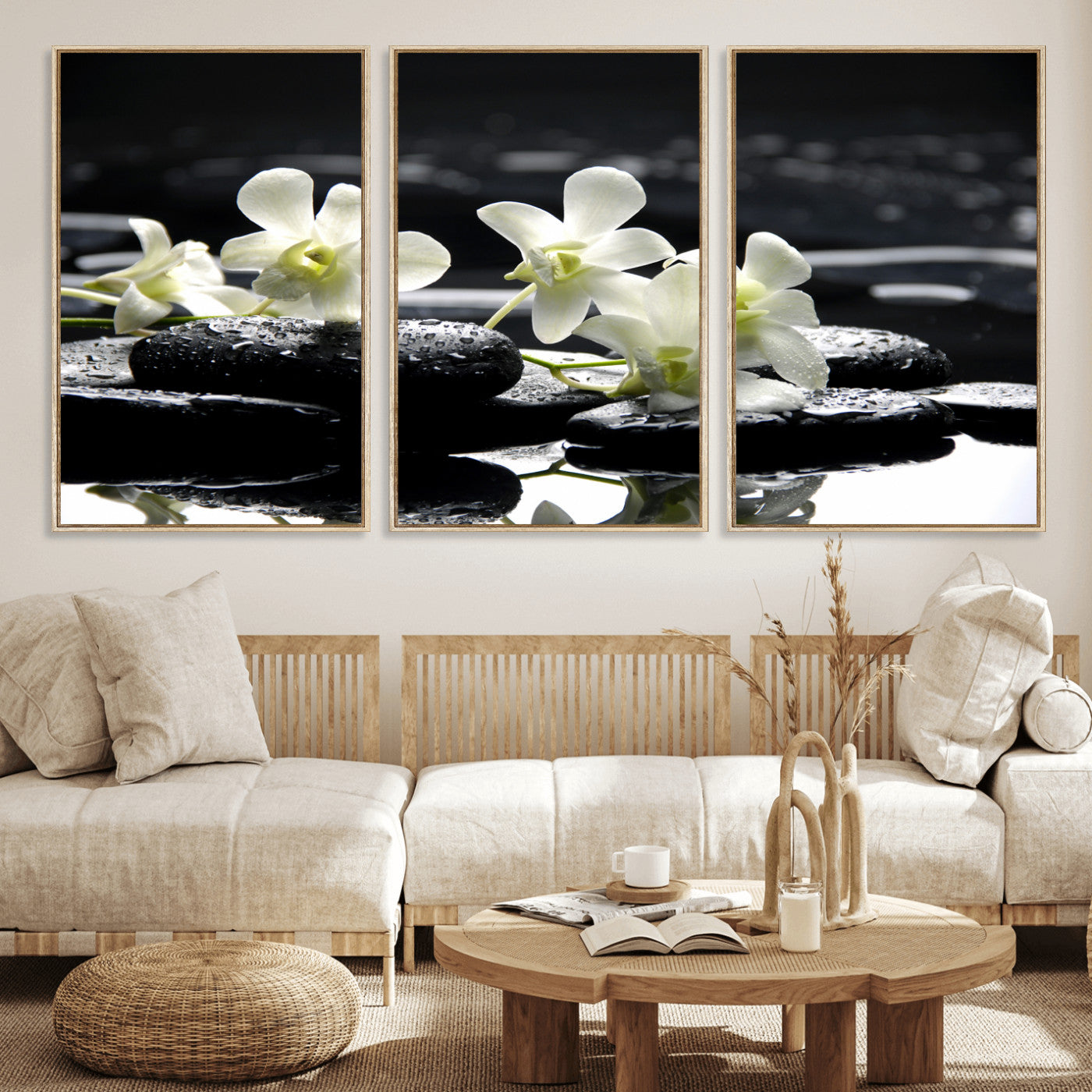 79486206-MGV-CV-36X24 - Plumeria Frangipani Black Stone Canvas | White Flower Spa Photography Print | Tropical Zen Wall Art | Grey Pebble Floral for Meditation Room Decor