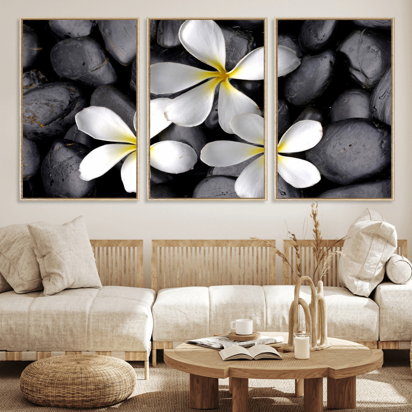 43639613-MGV-CV-36X24 - Plumeria Frangipani Black Stone Canvas | White Flower Spa Photography Print | Tropical Zen Wall Art | Grey Pebble Floral Decor