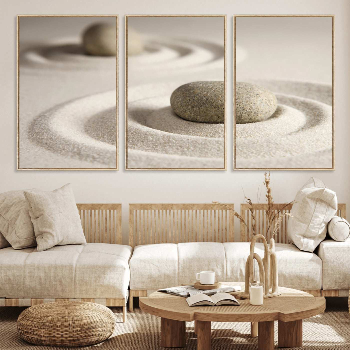 13397966-MGV-CV-36X24 - Zen Garden Stone Sand Canvas | Japanese Rock Garden Wall Art | Minimalist Meditation Print | Neutral Beige Mindfulness Decor