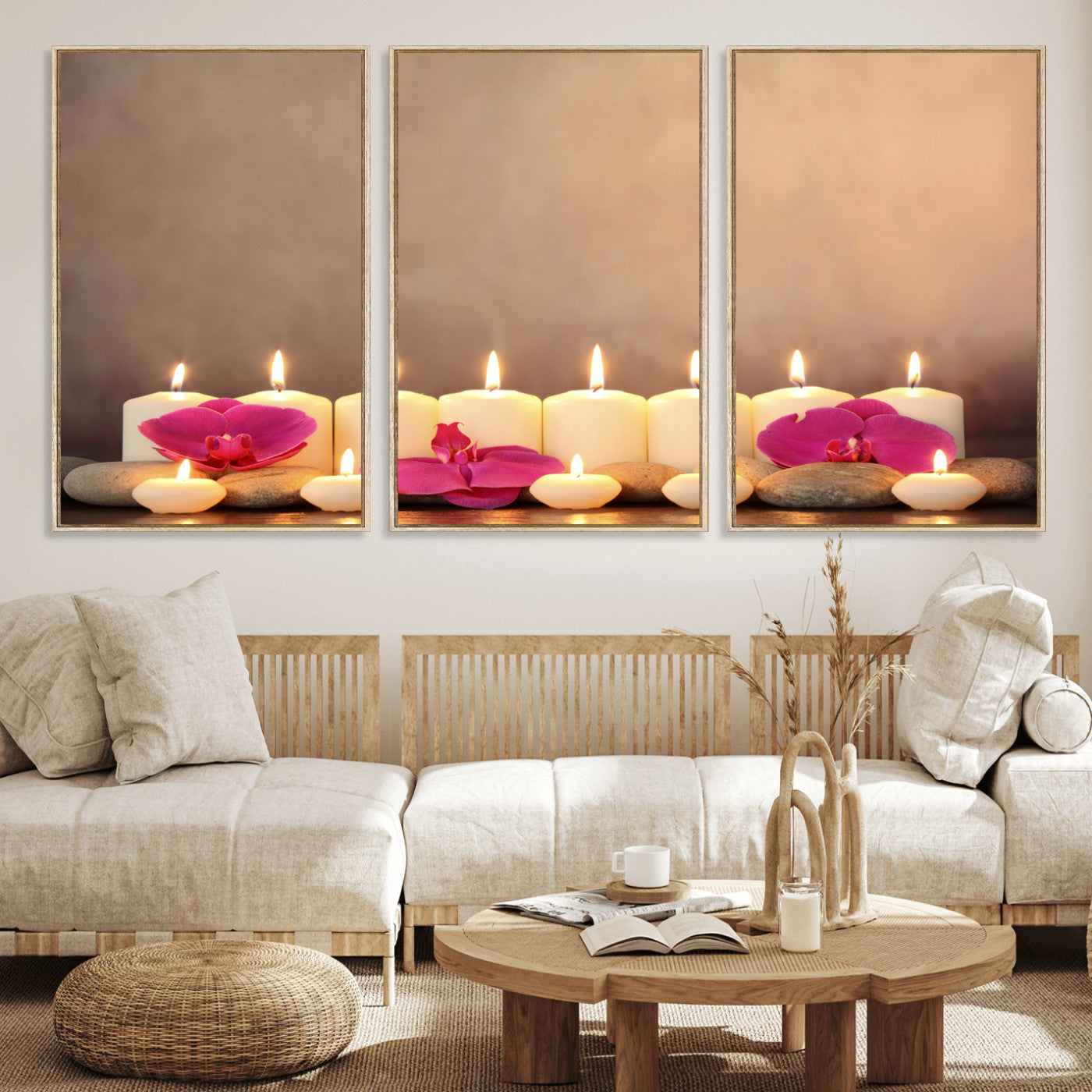 59470569-MGV-CV-36X24 - Spa Candles Orchid Canvas Print | Zen Wellness Relaxation Wall Art | Pink Flower Candlelight Bathroom Decor | Calm Beige Photography