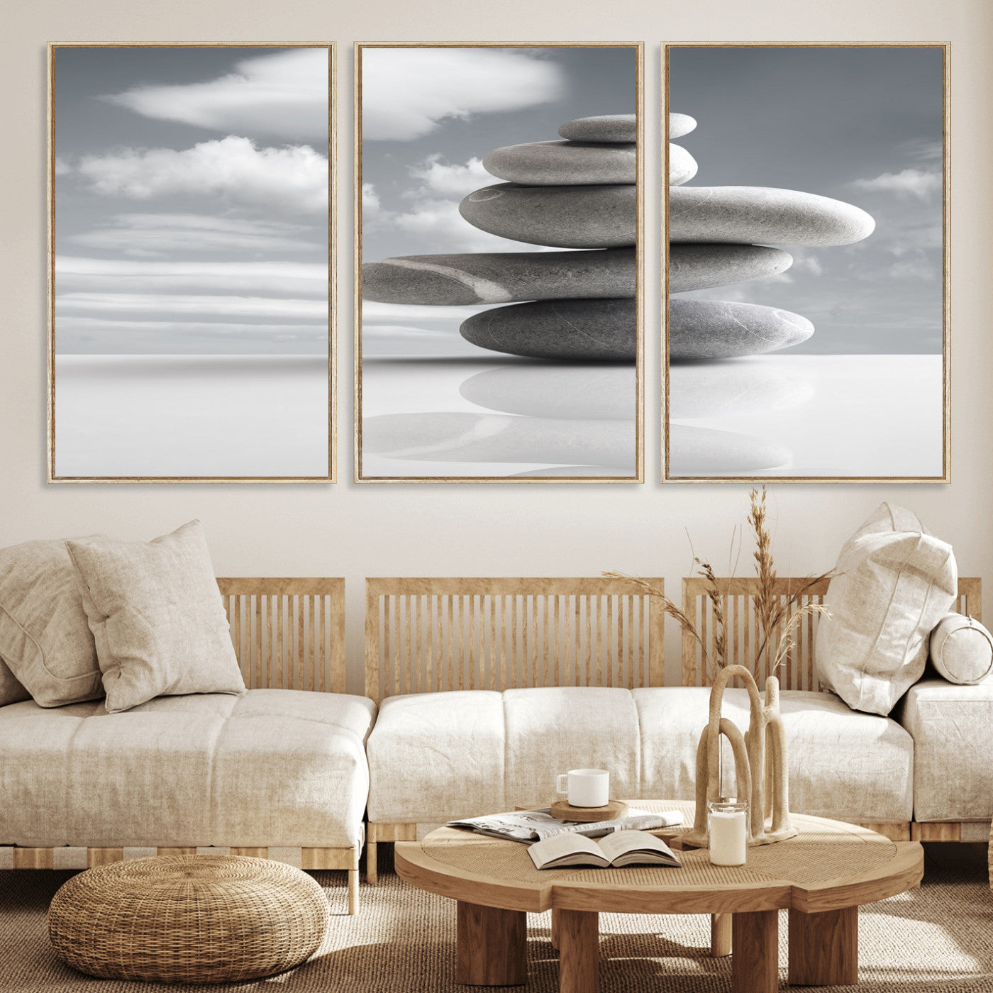 86426188-MGV-CV-36X24 - Zen Stone Wall Art Canvas Print, Balanced Rock Stack Framed Spa Artwork, Minimalist Meditation Decor for Living Room Bedroom Office Bathroom