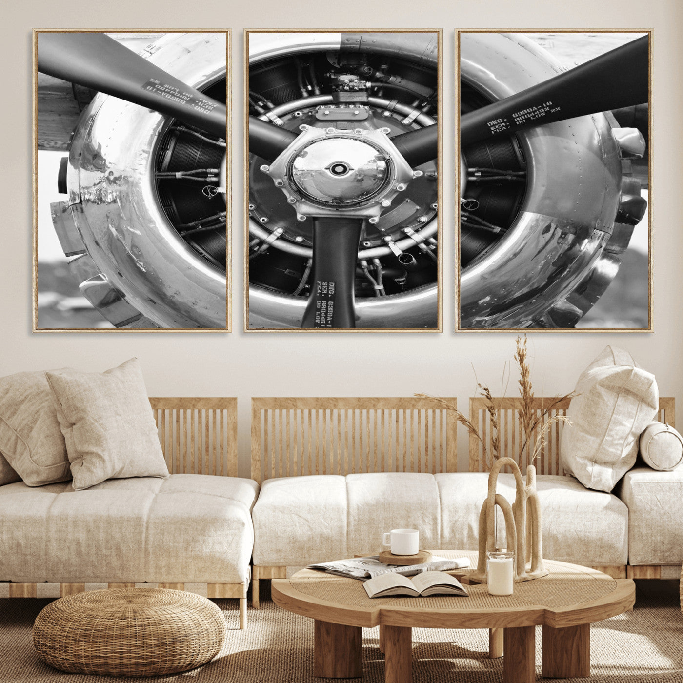 73322230-MGV-CV-36X24 - Vintage Propeller Plane Wall Art Canvas Print, Black and White Airplane Engine Close Up Framed Aviation Artwork for Pilot Office Hangar Decor