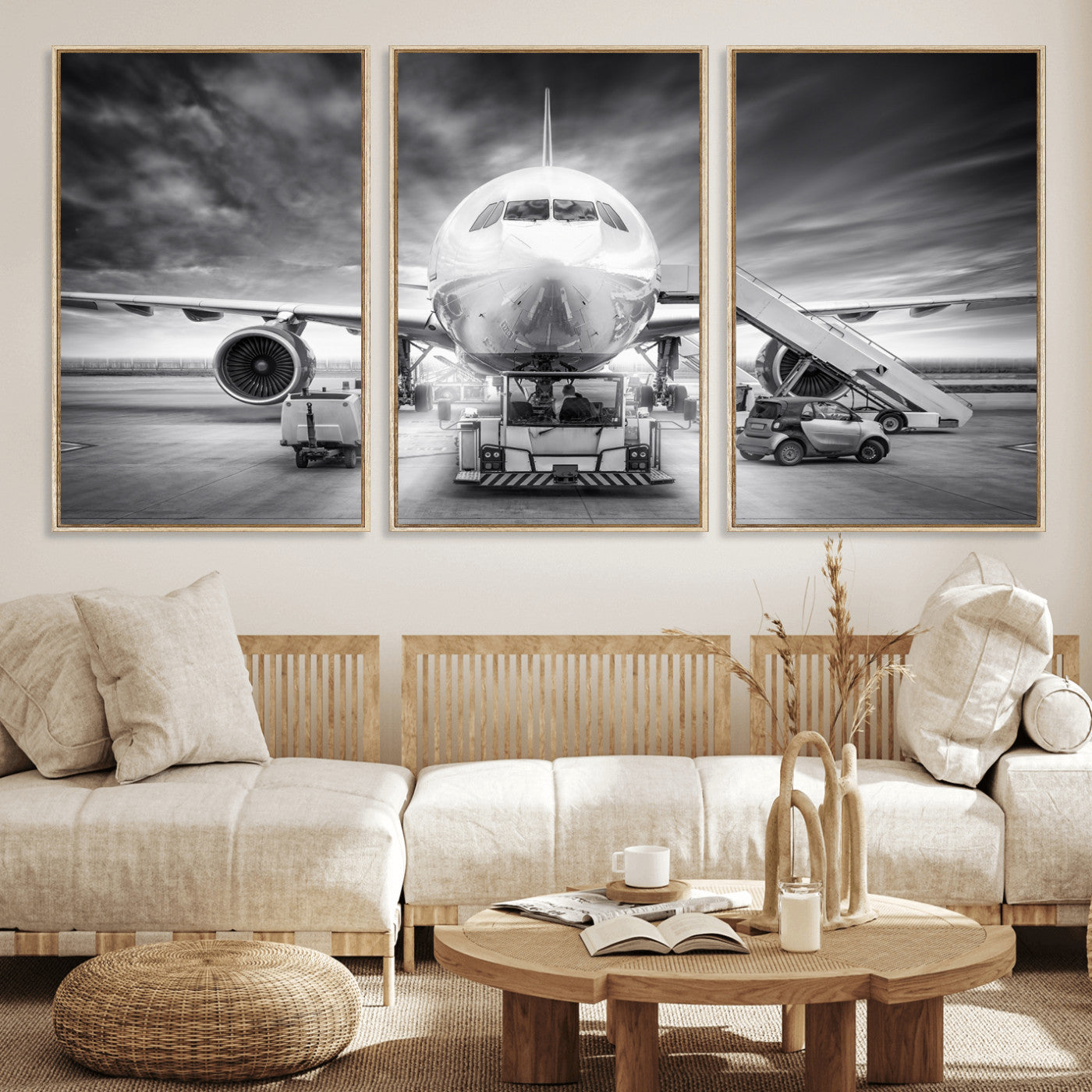 85885848-MGV-CV-36X24 - Airplane Wall Art Canvas Print, Black and White Jet Aircraft Airport Runway Framed Aviation Artwork for Pilot Office Hangar Travel Decor