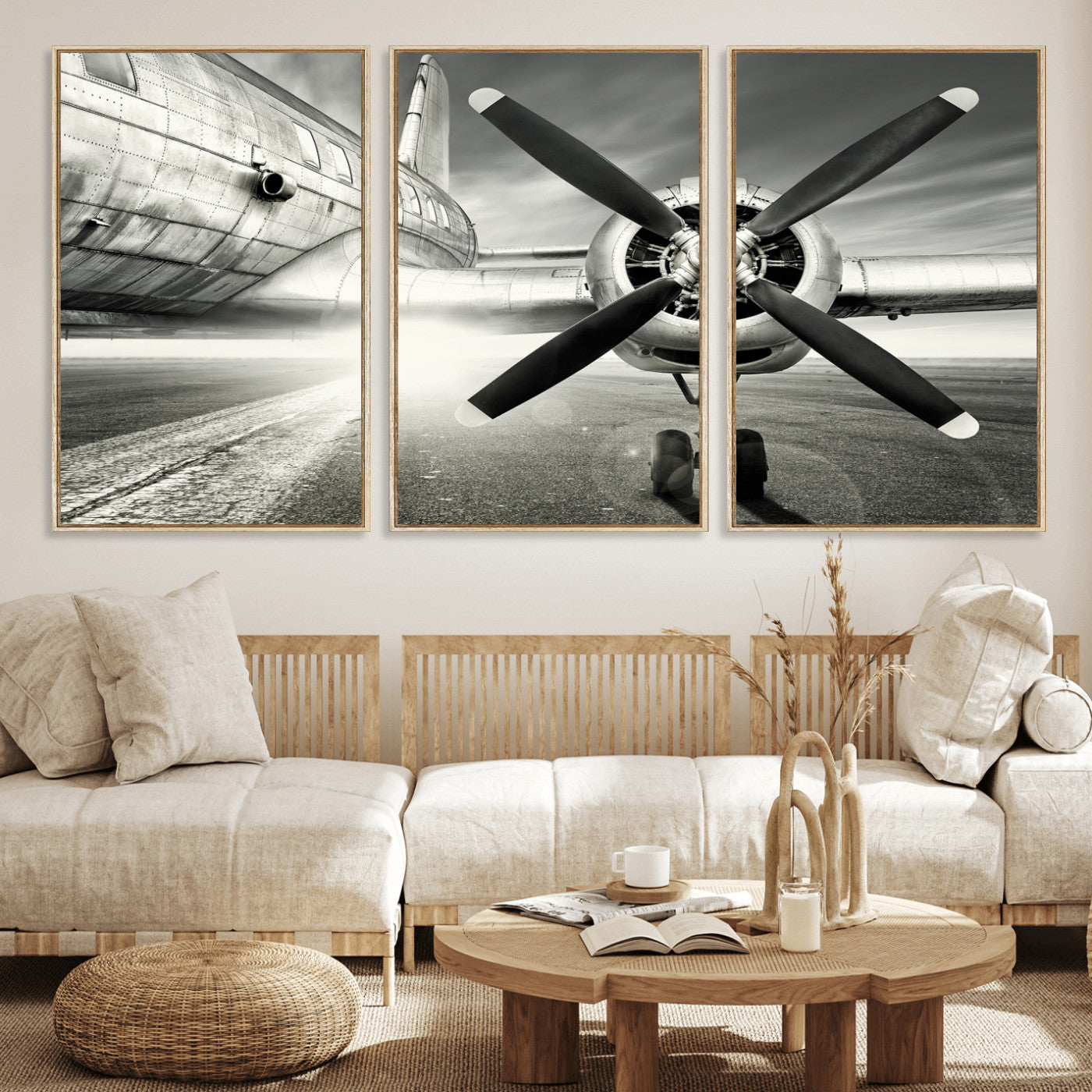 16420255-MGV-CV-36X24 - Vintage Airplane Wall Art Canvas Print, Black and White Propeller Aircraft Framed Aviation Artwork for Pilot Office Hangar Living Room Decor