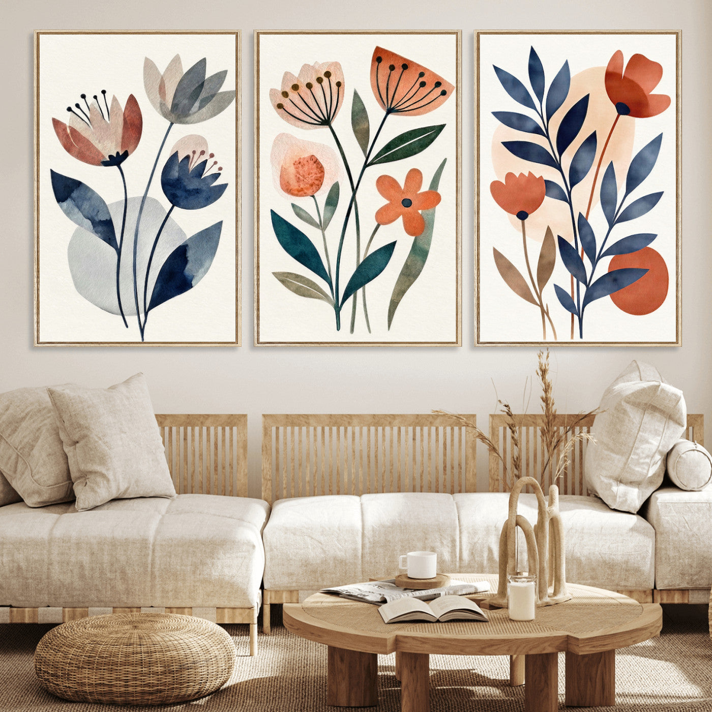 64426285-MGV-CV-60X30-3P - Watercolor Botanical Canvas Wall Art Set, Navy Terracotta Floral Triptych Print, Minimalist Flower Decor, Boho Living Room Art, Scandinavian Nature Print